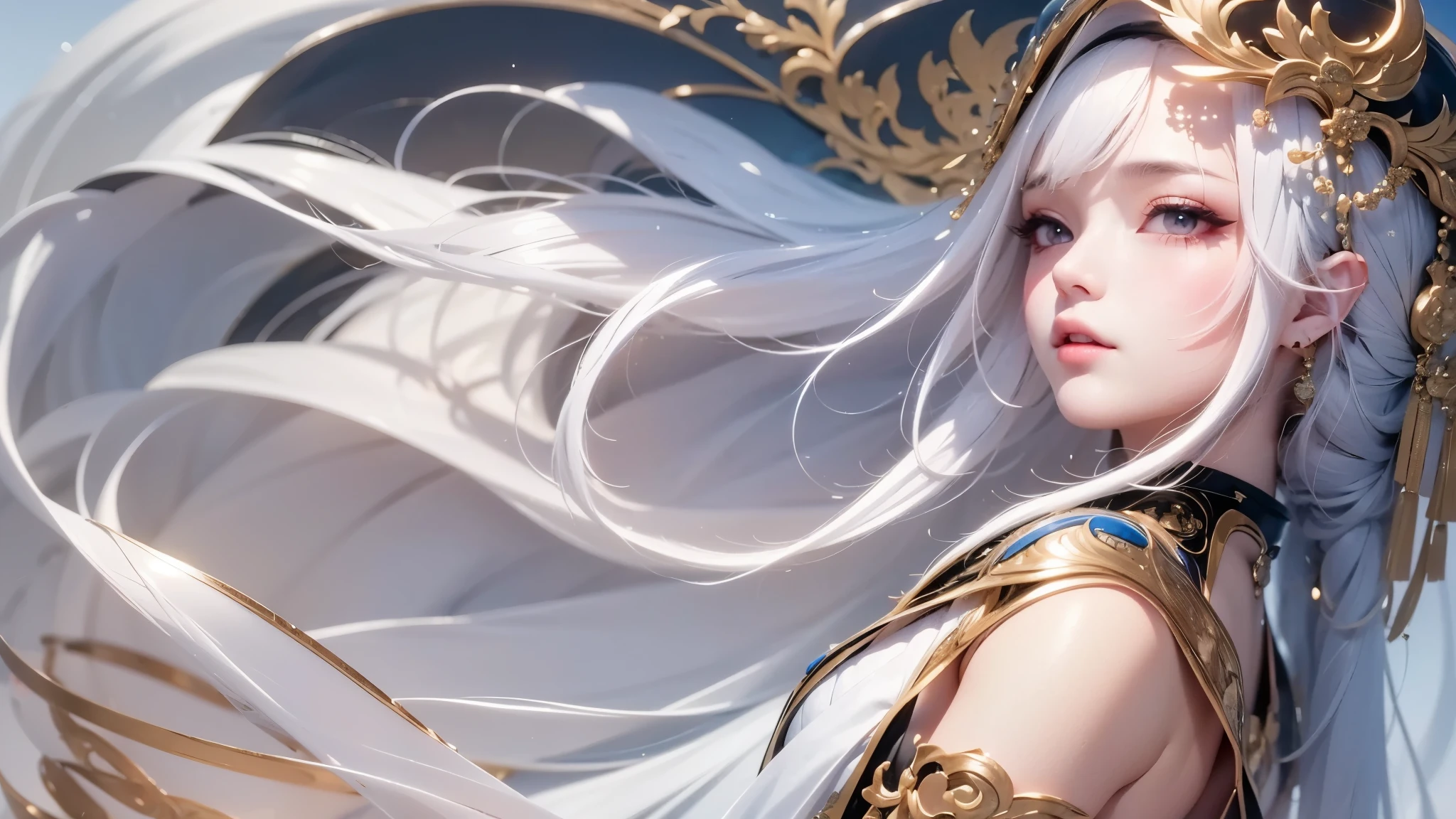 super high quality, masterpiece, Perfect illustration, Very detailed:1.6,　white barance, 1girl, 23 years old, cute girl, white hair, sharp and big beautiful eyes, medium breasts, bright skin. fantasy royalty, onmyoji, majesty, asian dress. black and gold clothes. simple background, white background, white dust. hanbok、Chinese royal clothing, profile
