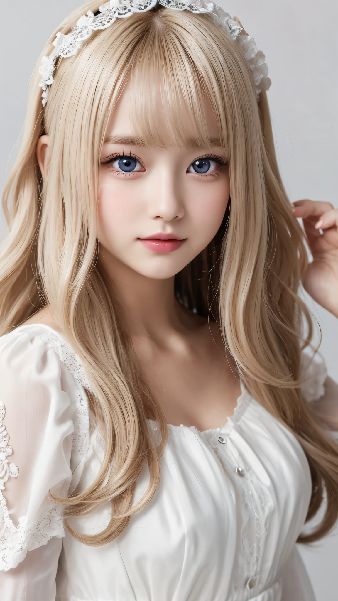 Gothic Lolita:1.0、round face:2.0、Curly Hair:2.0、cowboy shot:2.0、Extreme pose、White Blonde Hair、Waist-length hair、Northern Europe:1.0、beautiful girl、White background、cute、Young、True Face、Shiny Hair、whole body、tab highest quality, figure, super detailed, finely, High resolution, 8k wallpaper, Perfect dynamic composition, detailed and beautiful eyes,blondes, Natural Color Lip,white background, random cute poses,