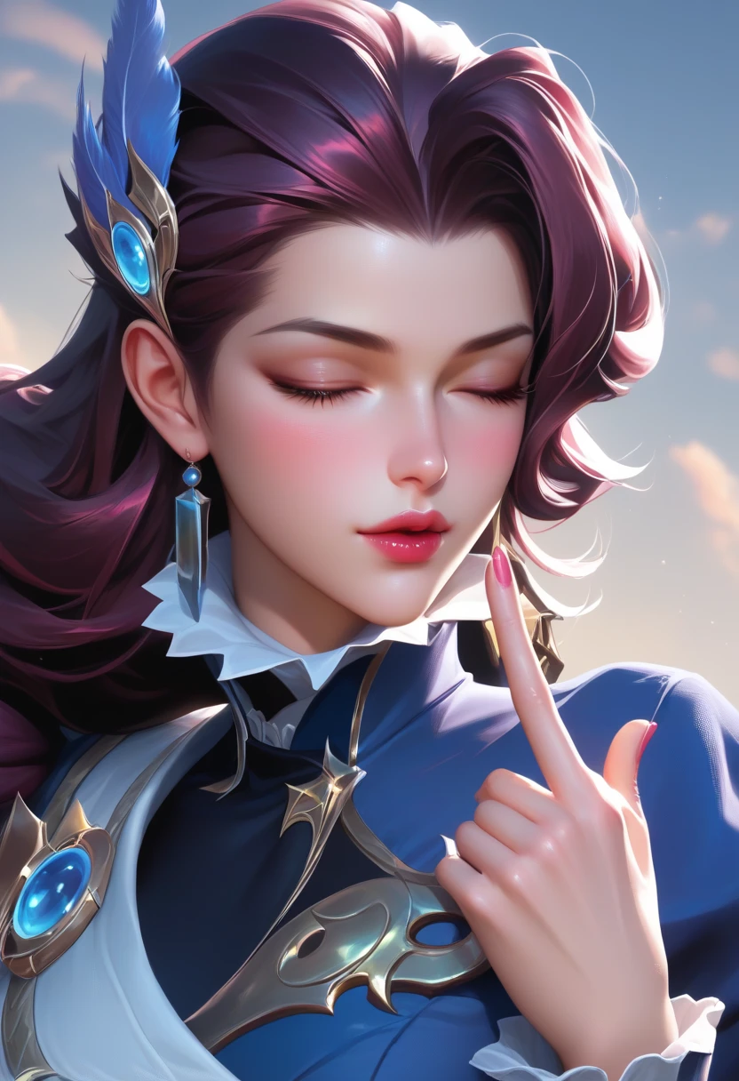 score_9, score_8_superior, score_7_superior, High-resolution images,masterpiece,Highest quality,girl,かわいいKissing Face,,Kissing Face, large breast ,Beautiful Skin, pink long hair,One finger raised to his lips,Both eyes closed,Slouching,lesley Mobile legend ,one eye, bun