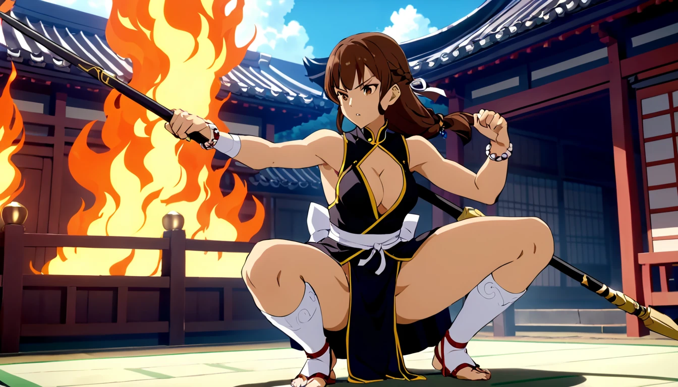 solo,
anime screencap,
CHUNLIBO, brown hair, brown eyes, long hair,black dress, pelvic curtain, white bracelets, revealing clothes,cleavage
fighting_stance,holding polearm,squatting,spread legs, outdoors dojo japanese in fire.