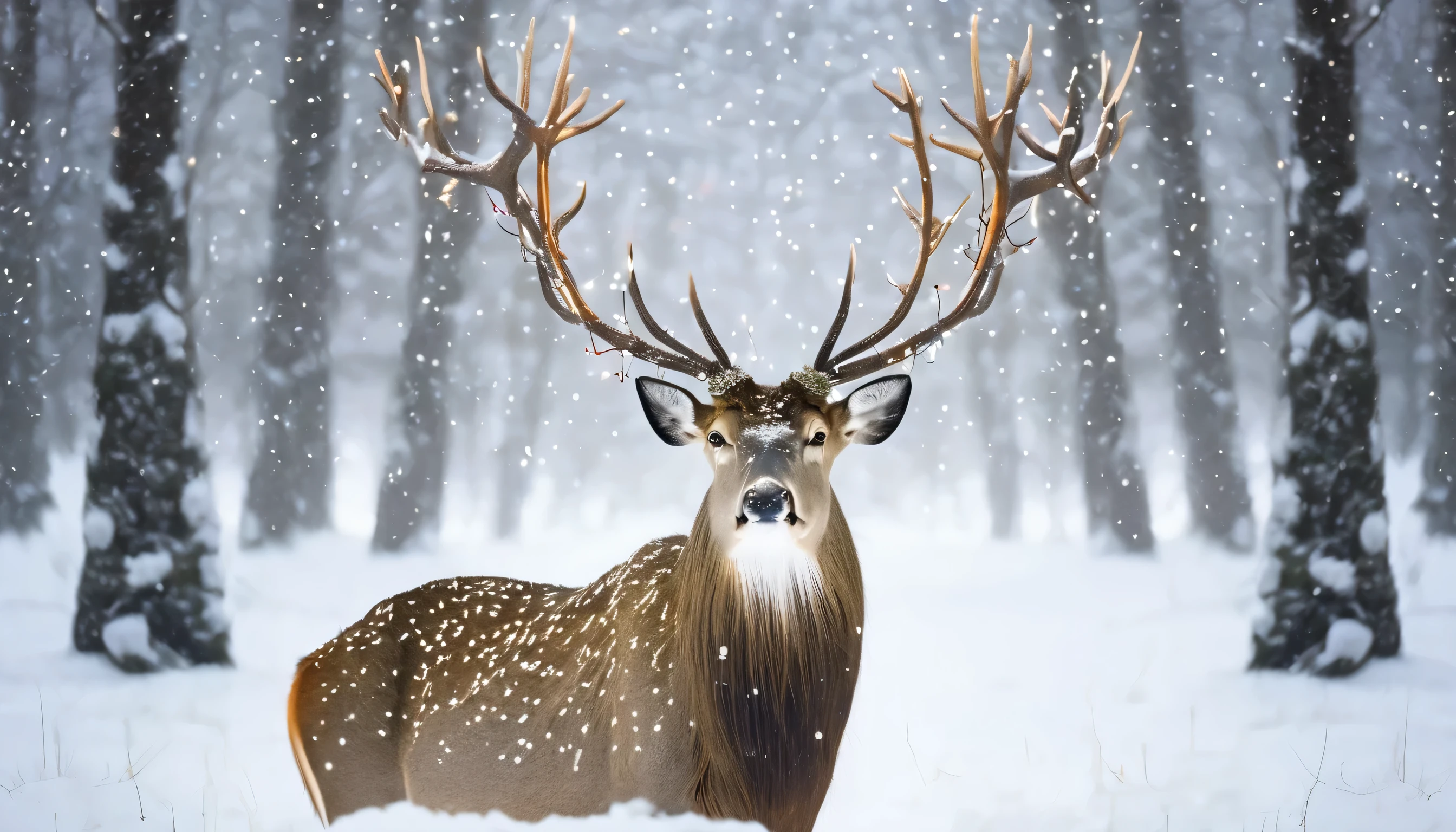 A majestic deer with large antlers standing in a snowy winter landscape, wearing a Christmas hat, behind a Christmas tree with light accessories, with snowflakes falling and warm lights in the background