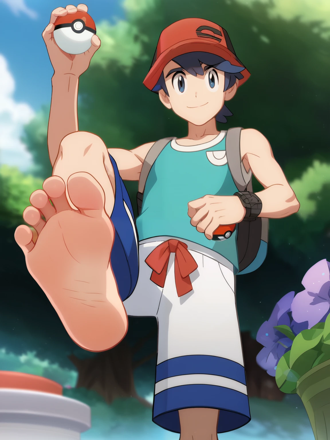 score_9, score_8_up,source_anime,
1boy, Pokemon, Elio, alone, looking at viewer, cowboy shot, anime screencap, anime coloring，barefoot，Perfect feet，Anatomically correct，soles，low angle，Focal length 35mm, Five toes，front，Symmetrical Soles，Foot Focus, in a garden, floating, lifting legs to show his soles, flirty gaze, flirty smile, cyan tank top, white shorts, red hat