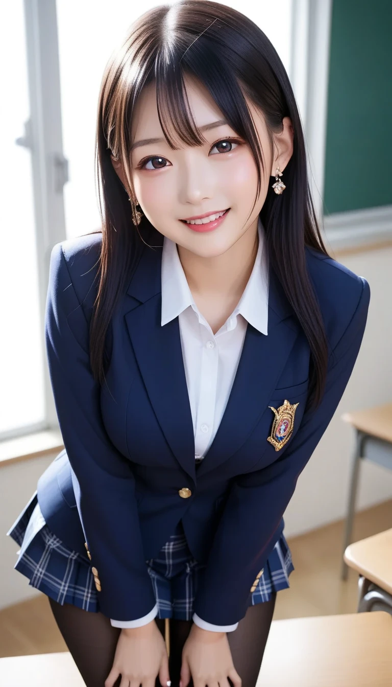 スコア_9, スコア_8_アップ, スコア_7_アップ, sアップer detailed, BREAK A breathtakingly beautiful Japanese woman with long, silky black hair, wearing a modern school uniform with a fitted blazer, short skirt, and tights. She has a radiant smile, stunning facial and eye details, and a confident yet graceful demeanor. She is posing in a classroom setting, leaning forward slightly with her hands placed behind her back, emphasizing her elegant posture. Her figure is curvaceous with a focus on her proportions, and the scene captures her in a dynamic position as she squats or does the splits. The atmosphere includes soft steam or light haze for added depth and realism. Ultra-high-definition, 32K resolution, masterpiece-level detail, Hausmo style.