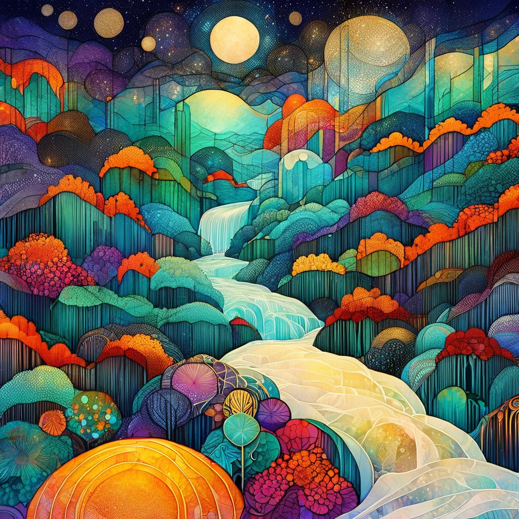 Best quality, high resolution, best composition, dynamic composition, zentangle style, colorful landscape painting, vibrant abstract landscape, moonlit waterfall landscape on summer night, full moon night, Milky Way galaxy glowing, beautiful water in the waterfall basin, dynamic landscape, cinematic color and lighting, detailed landscape painting with muted colors, high quality desktop wallpaper, beautiful digital art.