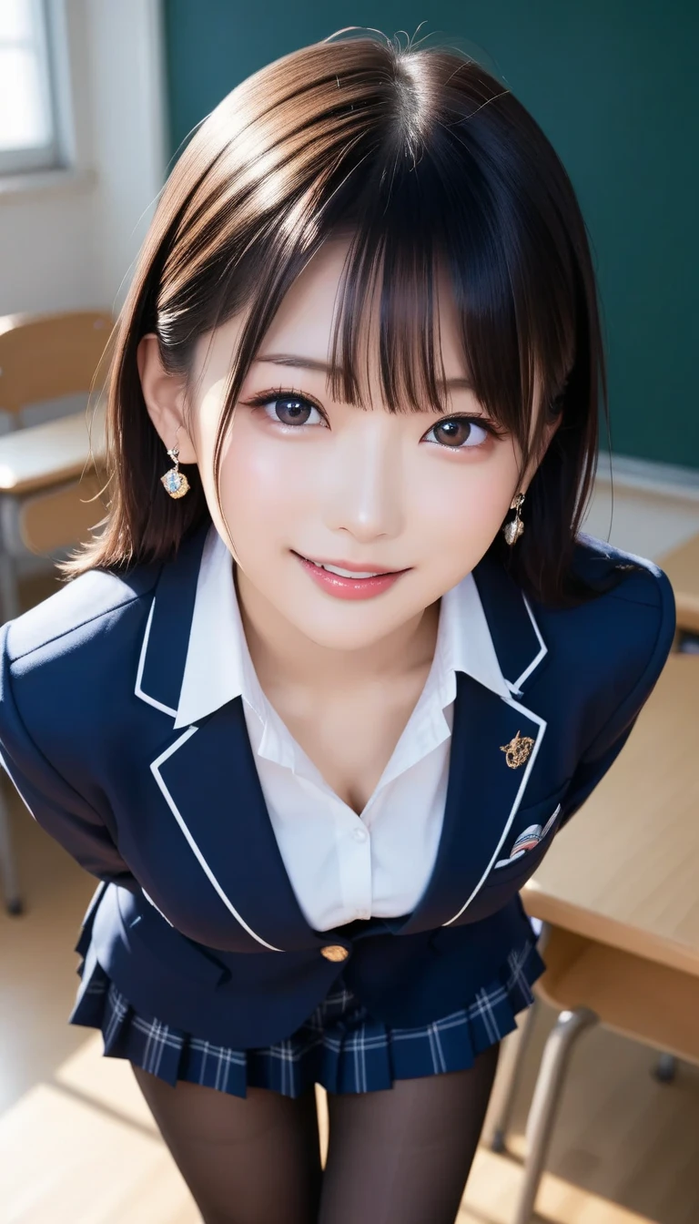 スコア_9, スコア_8_アップ, スコア_7_アップ, sアップer detailed, BREAK A breathtakingly beautiful Japanese woman with long, silky black hair, wearing a modern school uniform with a fitted blazer, short skirt, and tights. She has a radiant smile, stunning facial and eye details, and a confident yet graceful demeanor. She is posing in a classroom setting, leaning forward slightly with her hands placed behind her back, emphasizing her elegant posture. Her figure is curvaceous with a focus on her proportions, and the scene captures her in a dynamic position as she squats or does the splits. The atmosphere includes soft steam or light haze for added depth and realism. Ultra-high-definition, 32K resolution, masterpiece-level detail, Hausmo style.