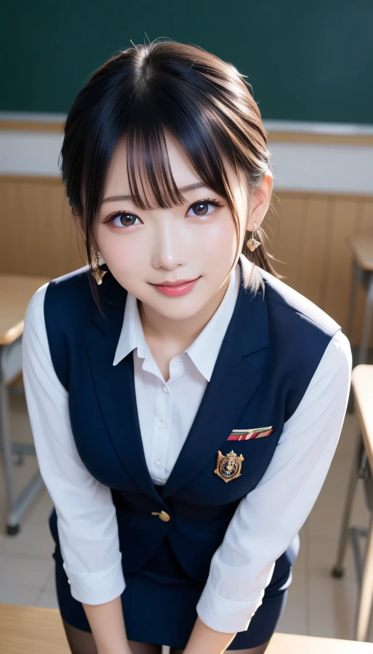 スコア_9, スコア_8_アップ, スコア_7_アップ, sアップer detailed, BREAK A breathtakingly beautiful Japanese woman with long, silky black hair, wearing a modern school uniform with a fitted blazer, short skirt, and tights. She has a radiant smile, stunning facial and eye details, and a confident yet graceful demeanor. She is posing in a classroom setting, leaning forward slightly with her hands placed behind her back, emphasizing her elegant posture. Her figure is curvaceous with a focus on her proportions, and the scene captures her in a dynamic position as she squats or does the splits. The atmosphere includes soft steam or light haze for added depth and realism. Ultra-high-definition, 32K resolution, masterpiece-level detail, Hausmo style.