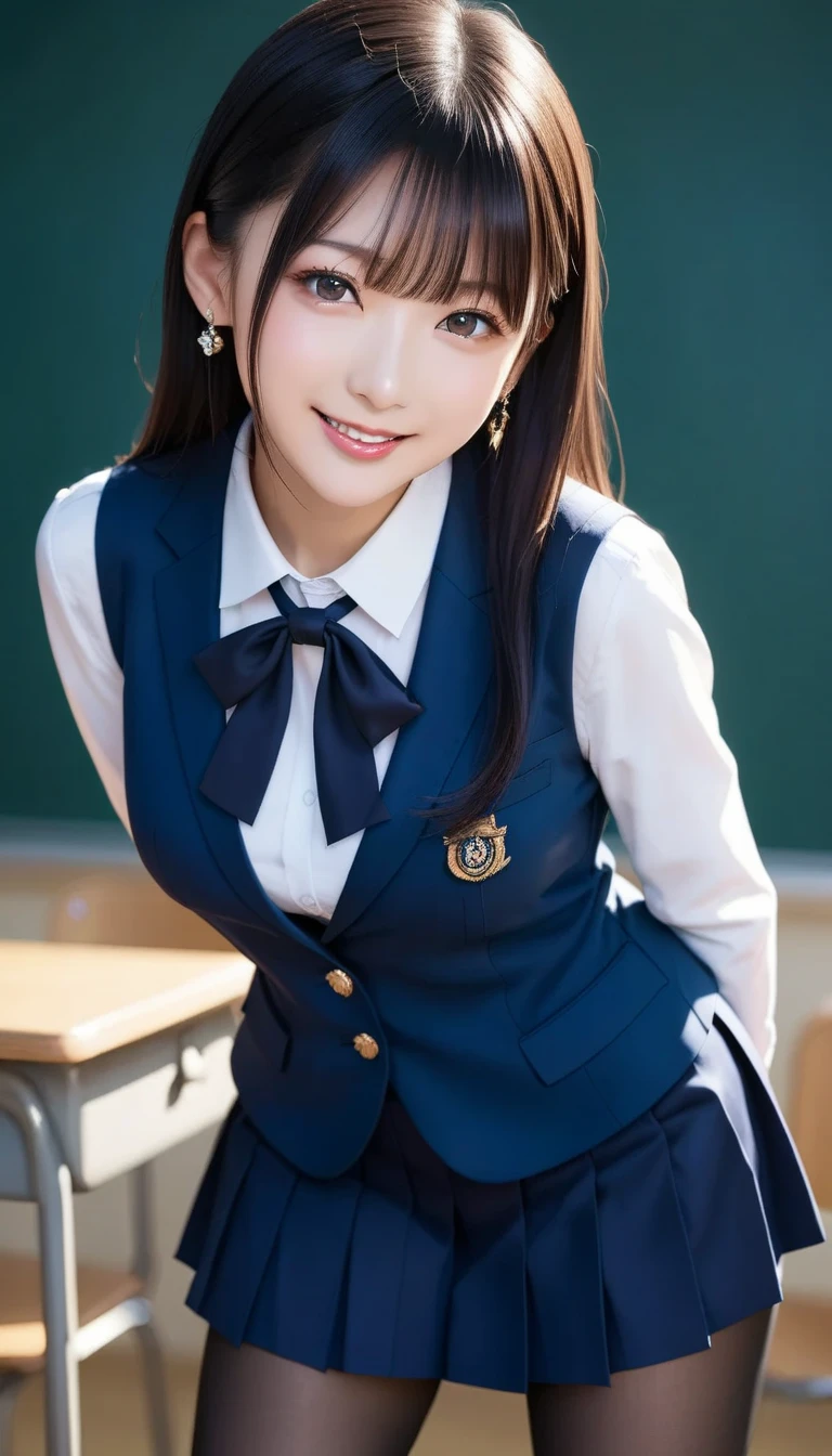 スコア_9, スコア_8_アップ, スコア_7_アップ, sアップer detailed, BREAK A breathtakingly beautiful Japanese woman with long, silky black hair, wearing a modern school uniform with a fitted blazer, short skirt, and tights. She has a radiant smile, stunning facial and eye details, and a confident yet graceful demeanor. She is posing in a classroom setting, leaning forward slightly with her hands placed behind her back, emphasizing her elegant posture. Her figure is curvaceous with a focus on her proportions, and the scene captures her in a dynamic position as she squats or does the splits. The atmosphere includes soft steam or light haze for added depth and realism. Ultra-high-definition, 32K resolution, masterpiece-level detail, Hausmo style.