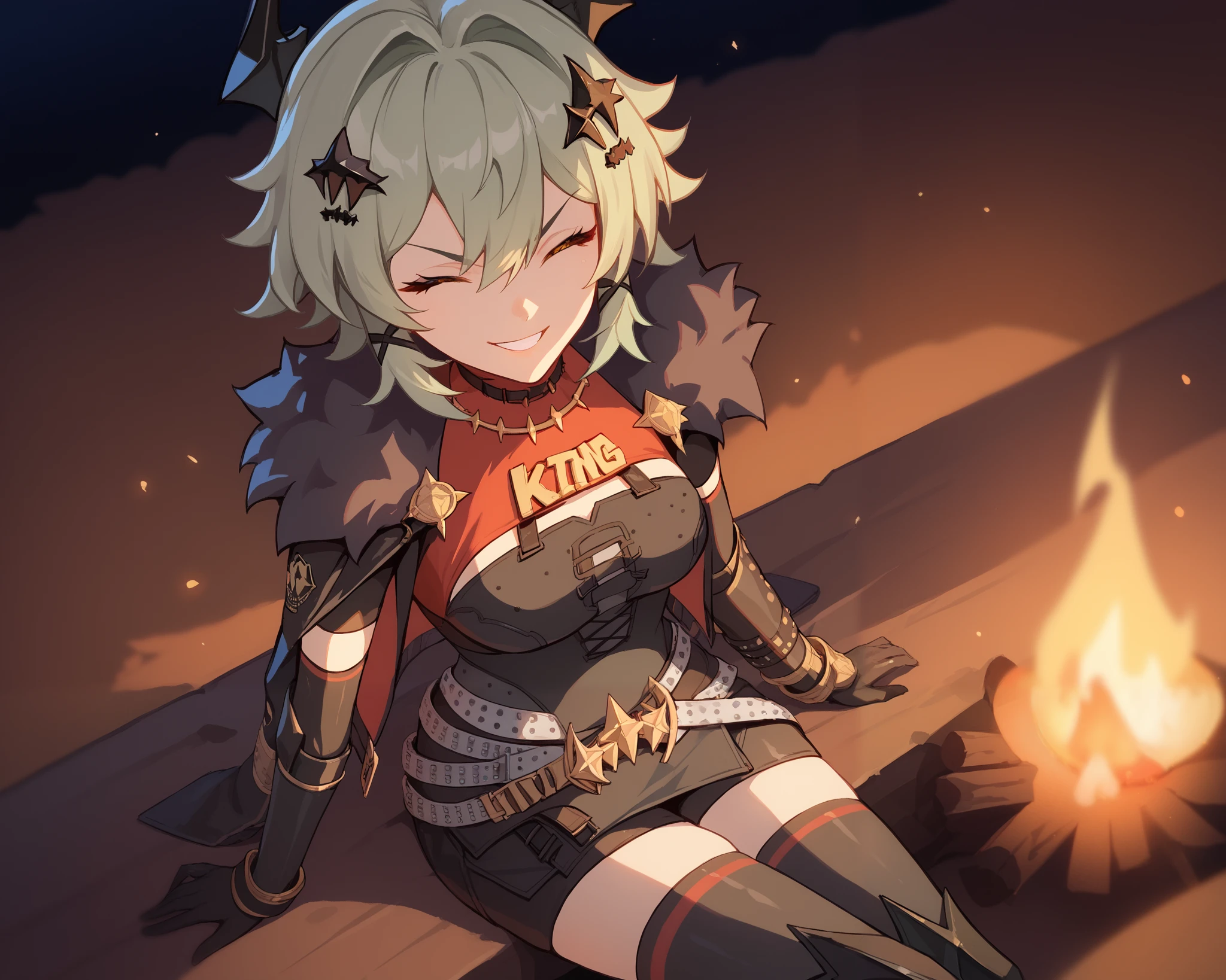 best quality, solo, 1girl, caesar king, green hair, short hair, hair between eyes, sidelocks , yellow eyes, hair intakes, v-shaped eyebrows, black gloves, black shorts, black shirt, black thighhighs, gloves, black skirt, grey belt, fur-trimmed jacket, elbow gloves, fur trim, hair ornament, open jacket, emblem, black horns, sitting, pov, campfire, looking at viewers, smiling, closed eyes