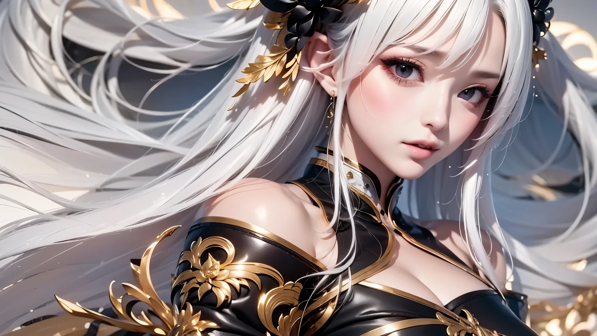 super high quality, masterpiece, Perfect illustration, Very detailed:1.6,　white barance, 1girl, 23 years old, cute girl, white hair, sharp and big beautiful eyes, medium breasts, bright skin. fantasy royalty, onmyoji, majesty, asian dress. black and gold clothes. simple background, white background, white dust. hanbok、Chinese royal clothing, profile
