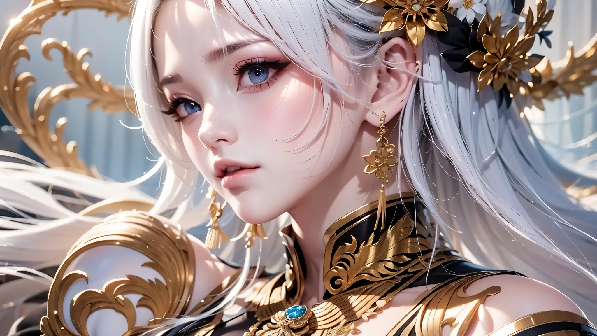 super high quality, masterpiece, Perfect illustration, Very detailed:1.6,　white barance, 1girl, 23 years old, cute girl, white hair, sharp and big beautiful eyes, medium breasts, bright skin. fantasy royalty, onmyoji, majesty, asian dress. black and gold clothes. simple background, white background, white dust. hanbok、Chinese royal clothing, profile
