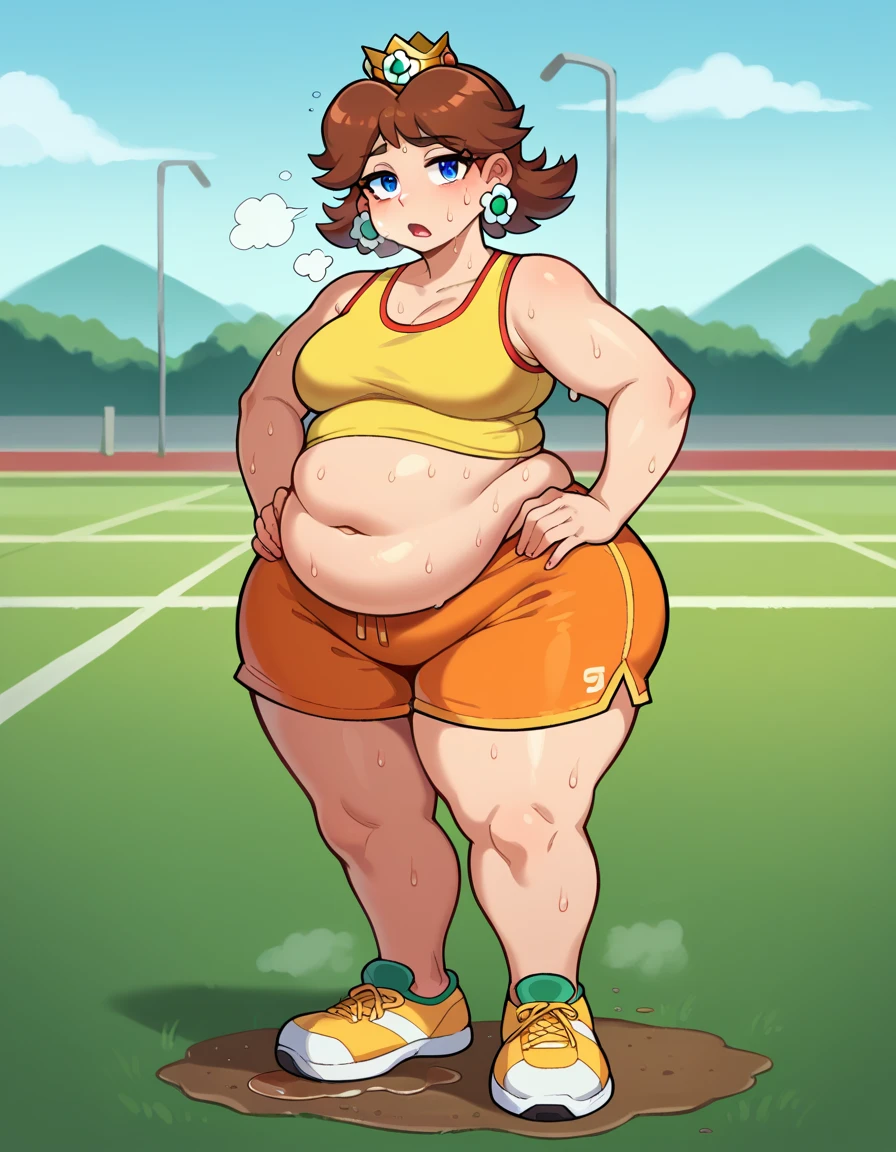 Daisy,brown hair,blue eyes, short hair,flower earrings,small crown, bright yellow tank top, orange and yellow shorts, orange and yellow tennis shoes with yellow laces, midriff, number 8, standing, sweaty, exhausted, hand on hips soccer field, science fiction, outdoors, (insanely detailed, masterpiece, best quality), sweating profusely, exhausted, breathing, open mouth, steam coming out of her mouth, tight red gym shorts, tight red gym tank top, hands on hips, dripping sweat, dripplits of sweat on the floor, puddle of sweat, thick, obese, soft belly, chubby, wide hips, sexy hips, full body, big belly, thicc thighs, out of breath, tired expression, sexy