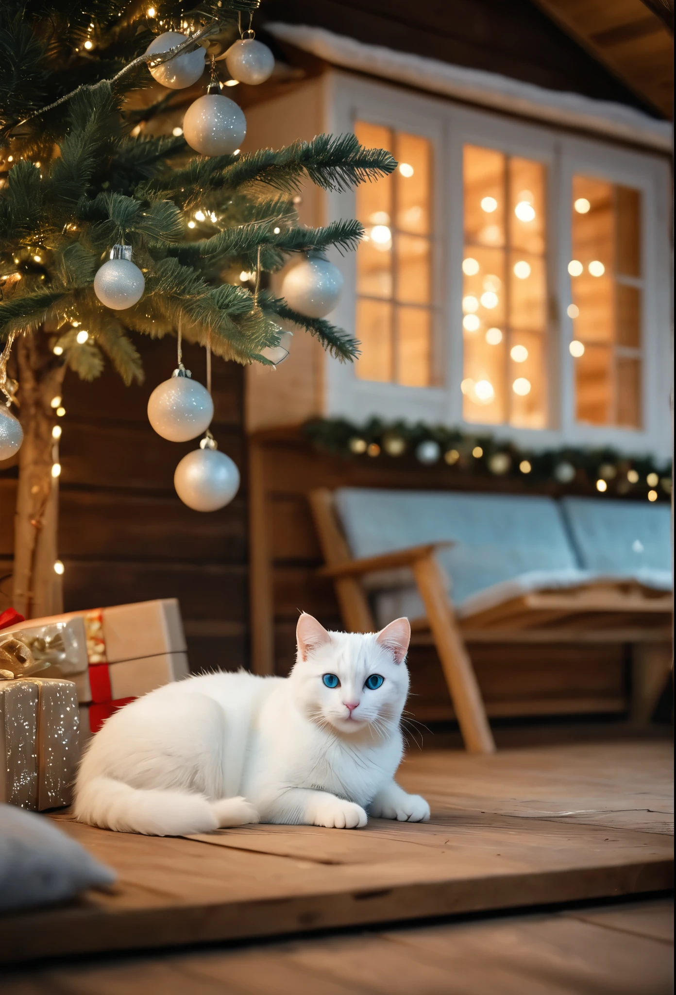 a realistic photo of a white cat lie under a Christmas tree inside a wooden house, light blue eyed cat, cat wear a Christmas hat, Christmas theme, cozy atmosphere, warm lighting, bokeh, diffused light, cinematic, soft focus, depth of field, intricate detail