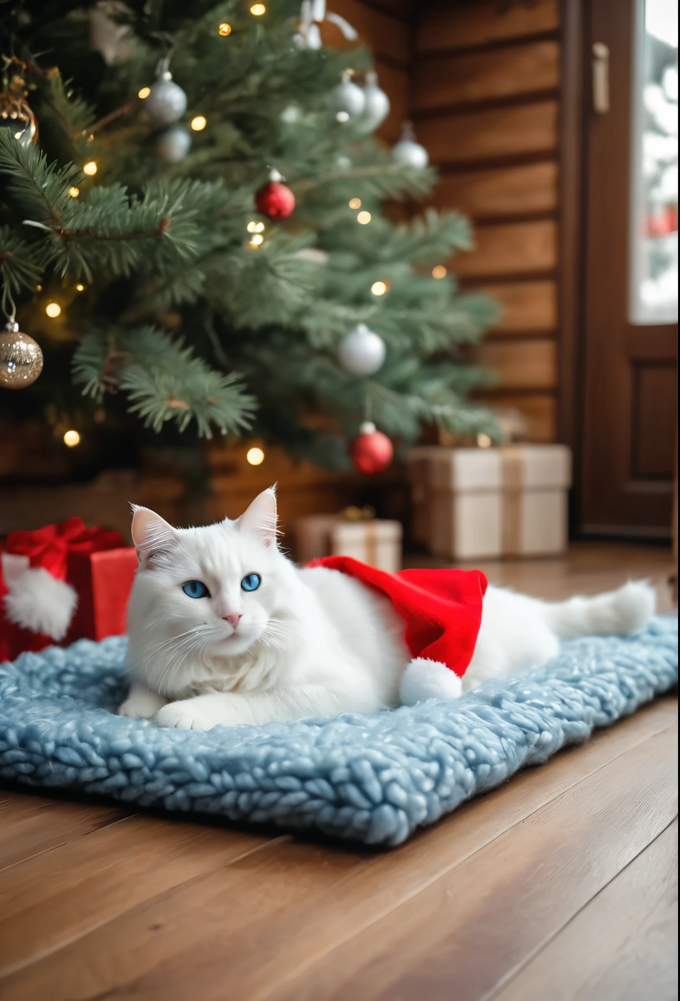 a realistic photo of a white cat lie under a Christmas tree inside a wooden house, light blue eyed cat, cat wear a Christmas hat, Christmas theme, cozy atmosphere, warm lighting, bokeh, diffused light, cinematic, soft focus, depth of field, intricate detail