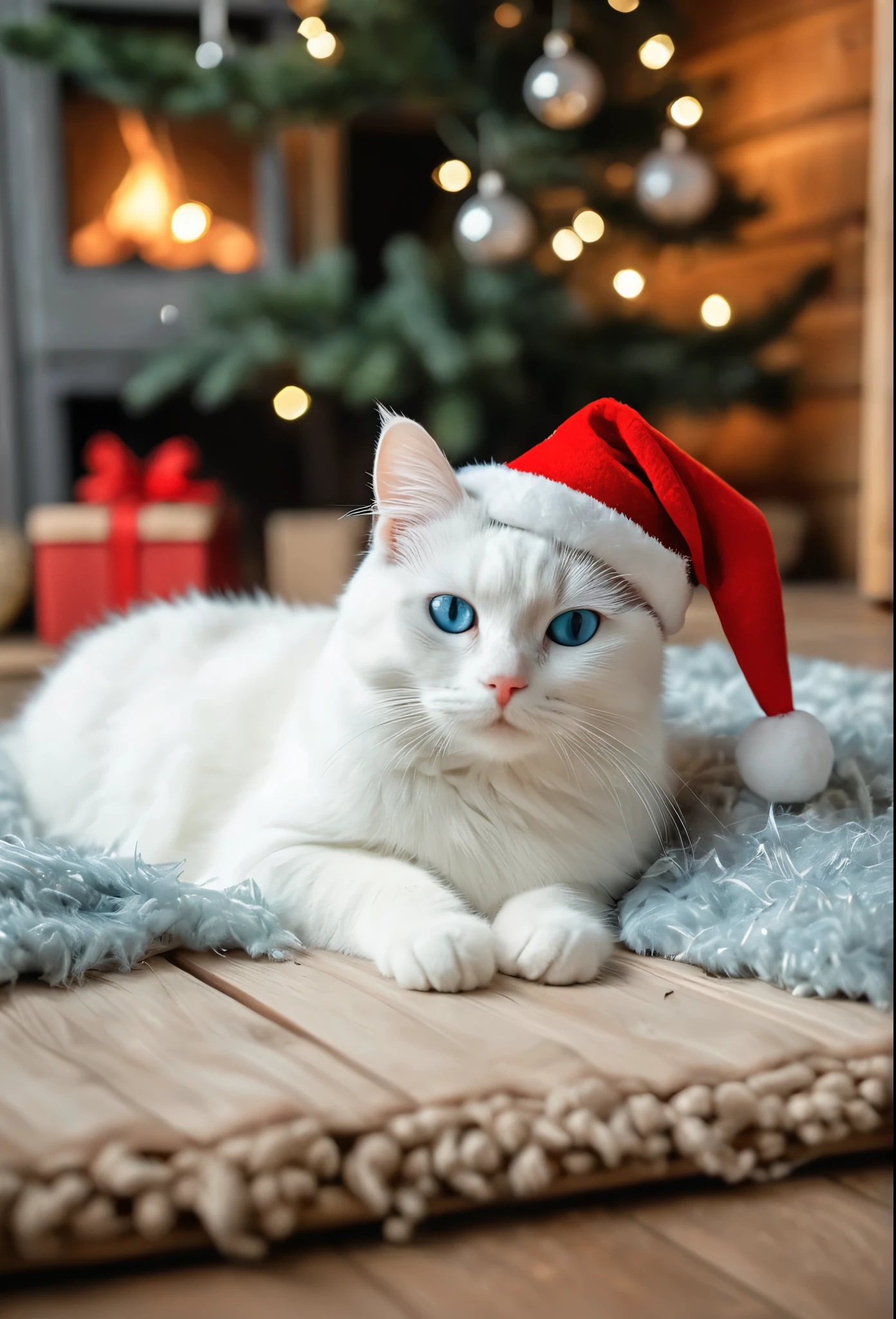 a realistic photo of a white cat lie under a Christmas tree inside a wooden house, light blue eyed cat, cat wear a Christmas hat, Christmas theme, cozy atmosphere, warm lighting, bokeh, diffused light, cinematic, soft focus, depth of field, intricate detail