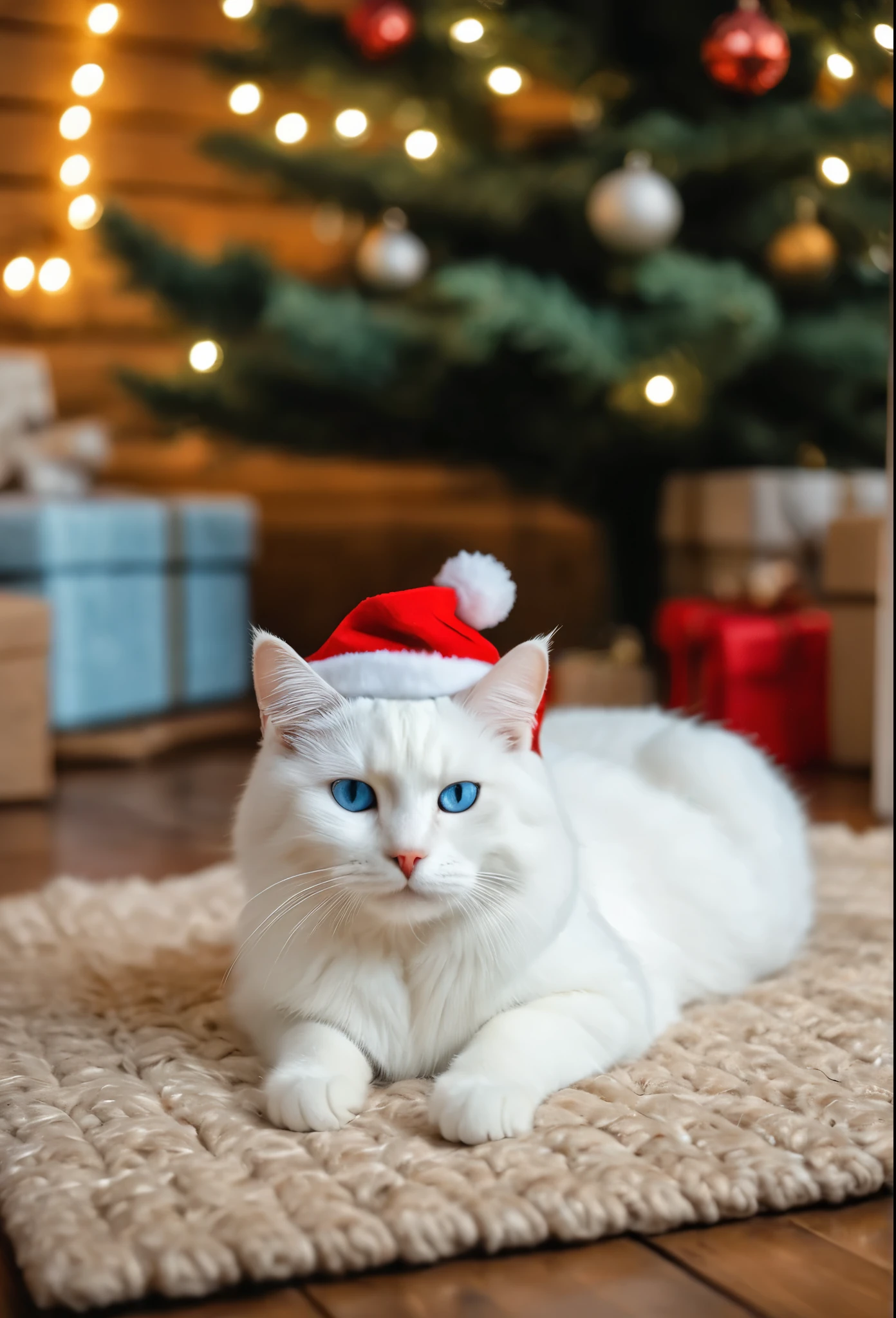 a realistic photo of a white cat lie under a Christmas tree inside a wooden house, light blue eyed cat, cat wear a Santa hat, cozy wool mat, Christmas theme, cozy atmosphere, warm lighting, bokeh, diffused light, cinematic, soft focus, depth of field, intricate detail