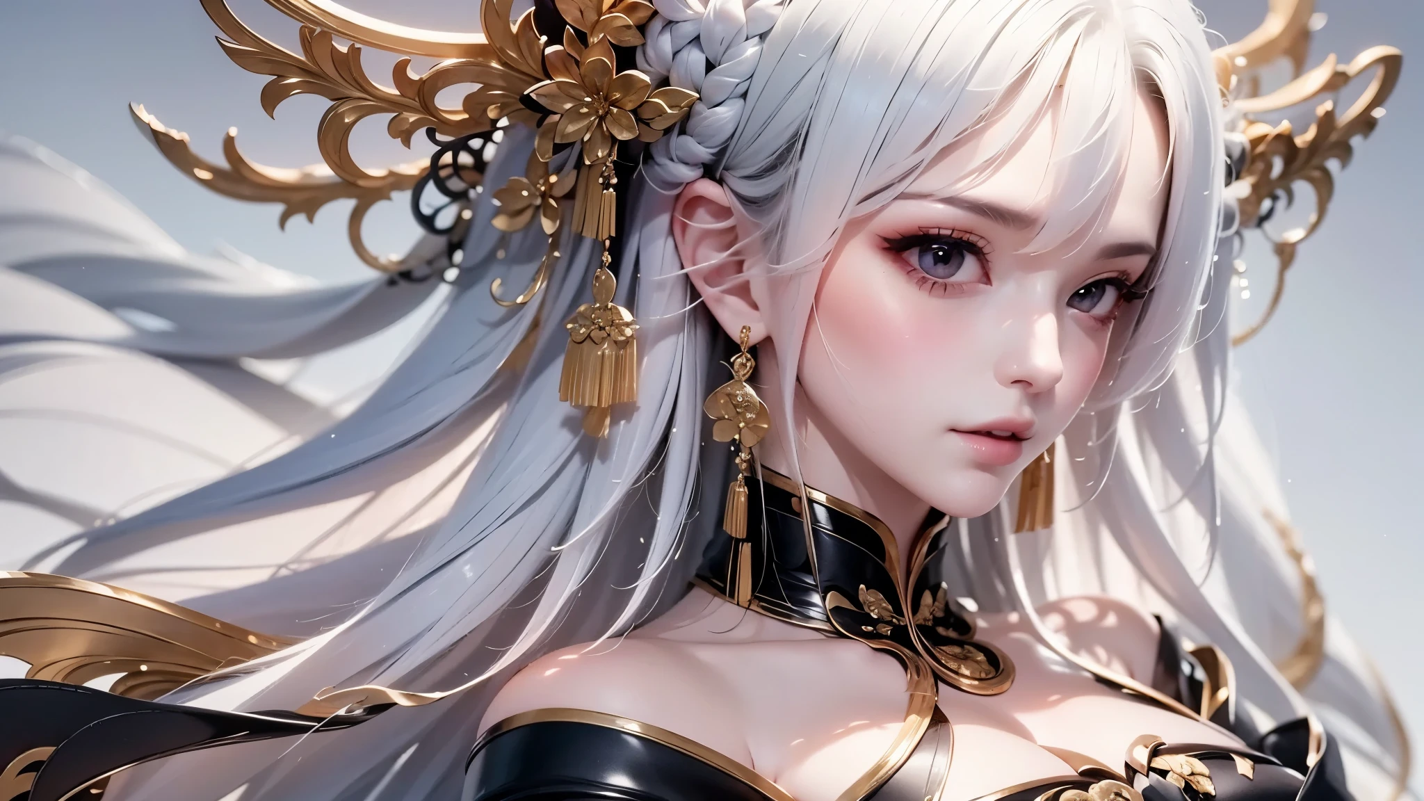 super high quality, masterpiece, Perfect illustration, Very detailed:1.6,　white barance, 1girl, 23 years old, cute girl, white hair, sharp and big beautiful eyes, medium breasts, bright skin. fantasy royalty, onmyoji, majesty, asian dress. black and gold clothes. simple background, white background, white dust. hanbok、Chinese royal clothing, profile
