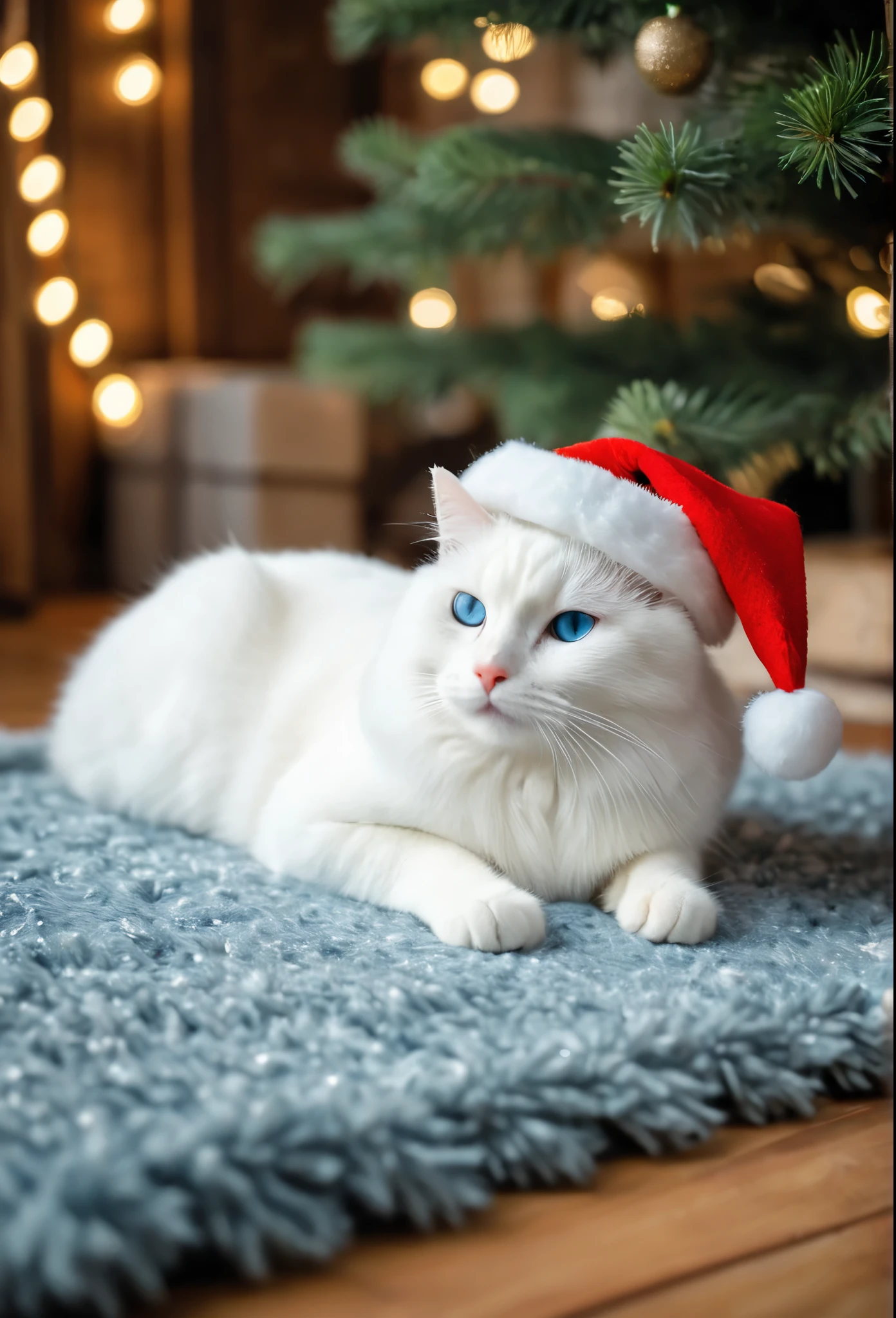 a realistic photo of a white cat lie under a Christmas tree inside a wooden house, light blue eyed cat, cat wear a Christmas hat, Christmas theme, cozy atmosphere, warm lighting, bokeh, diffused light, cinematic, soft focus, depth of field, intricate detail