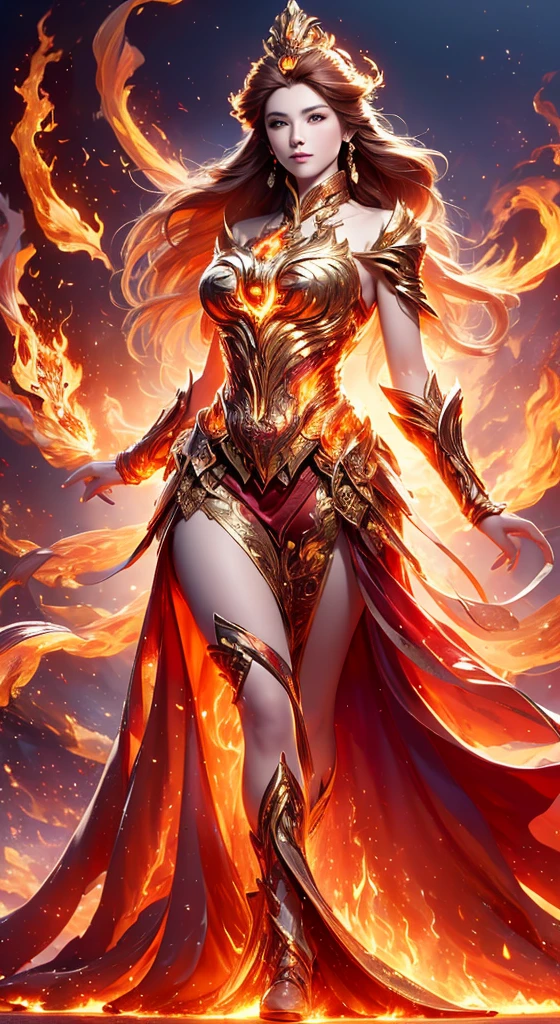 full body:1.1), full-size image of 1girll, detailed and dynamic 2.5D style, Depth of field, official art, Unity 8k wallpaper, Ultra detailed, illustration, Beautiful and aesthetic, Masterpiece, Best quality, cavalier,  female warrior, (Big breasts), (A MILF, Mature female), A regal fire goddess, empress of fire, She stands in a dark, ethereal realm with swirling embers and flames illuminating the space around her. majestically before a blazing red and blue background,
Create a stunning depiction of a Flame Empress, embodying fiery majesty and power. her fiery wings spread wide like a phoenix's. Radiant energy emanates from her presence,
as she wears a flowing red and black sexy Dress, Her regal, form-fitting armor is intricately crafted from molten metal and adorned with glowing, fiery patterns, resembling living flames adorned with intricate ornate patterns.
Her golden crown looks like a phoenix face, of fire rests atop her head, glowing with radiant heat, while her cape flows behind her like molten lava. Her presence exudes an aura of dominance and elegance, with ash and sparks drifting through the air. The scene is vivid and dynamic, capturing the raw, elemental energy of fire and the unyielding grace of an empress. exuding divine power. 
Her long, flowing crimson red hair cascades like a blazing inferno, and her piercing  hair cascades around her shoulders, fiery glow.
Stylish ember-like eyes radiate authority with a fiery glow, 
The landscape behind her is an otherworldly realm of glowing embers, swirling fire, and ethereal light, evoking celestial power and mysticism. Warm and Big hues of red, orange, and gold dominate the scene, contrasted by soft purples,Ancient Chinese Dynasty Tang HyperReal.