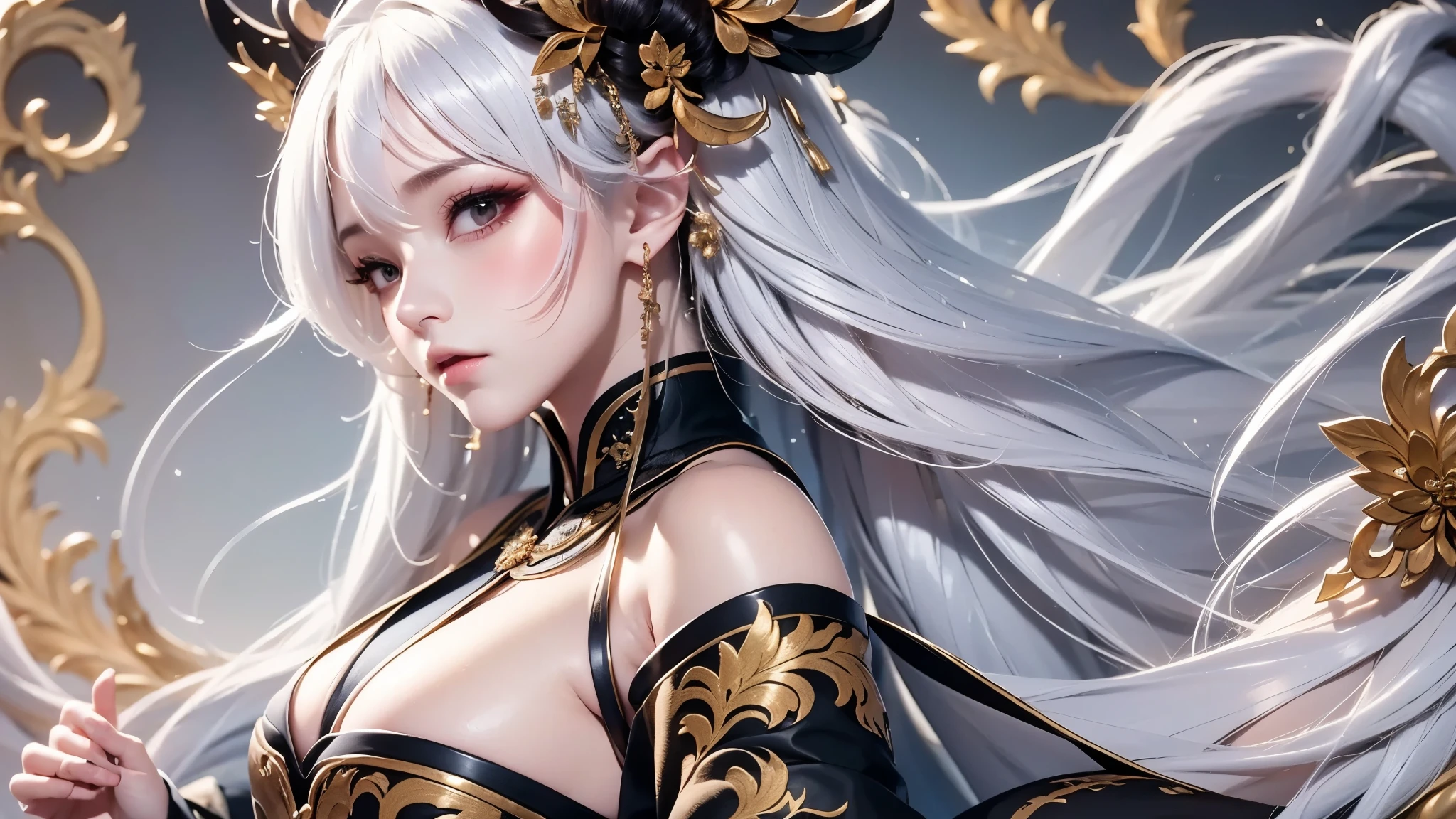 super high quality, masterpiece, Perfect illustration, Very detailed:1.6,　white barance, 1girl, 23 years old, cute girl, white hair, sharp and big beautiful eyes, medium breasts, bright skin. fantasy royalty, onmyoji, majesty, asian dress. black and gold clothes. simple background, white background, white dust. hanbok、Chinese royal clothing, profile
