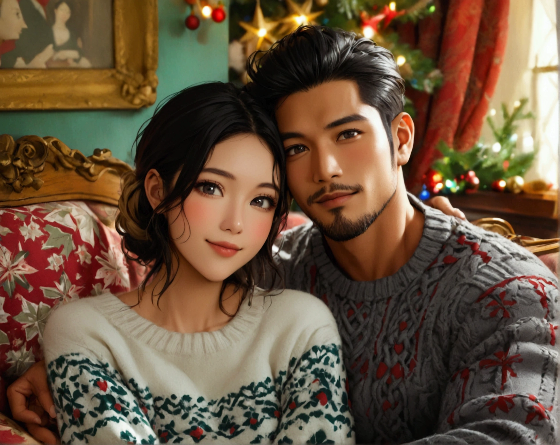 Portray a full shot of an interracial couple relaxing together on a couch in a Victorian-style living room on Christmas eve. The couple features an Asian man in his thirties and a white European woman in her twenties. The man has a strong square face, defined by his brown skin, golden undertone, double lid, round black eyes, low cheek bones, a straight nose, and short black hair in class slick back. His stylish wool sweater with a gray geometric print and casual refined pants match perfectly with his muscular physique.
The pretty oval face of his European girlfriend is well defined by almond eyes in light blue color, low cheek bones, Greek nose, blonde hair, fair complexity and cool undertone. She is dressed in a knitted sweater paired with casual yet chic pants. The room features a warm fireplace, a beautifully decorated Christmas tree, and classic Victorian furnishings.
((full-body shot)), ((interracial couple)), ((looking at viewer)), ((Asian man)), ((European woman)), (Caucasian woman), (Irish woman), (blonde hair), ((wide view)), highly detailed, soft lighting, blush, (smile), intricate