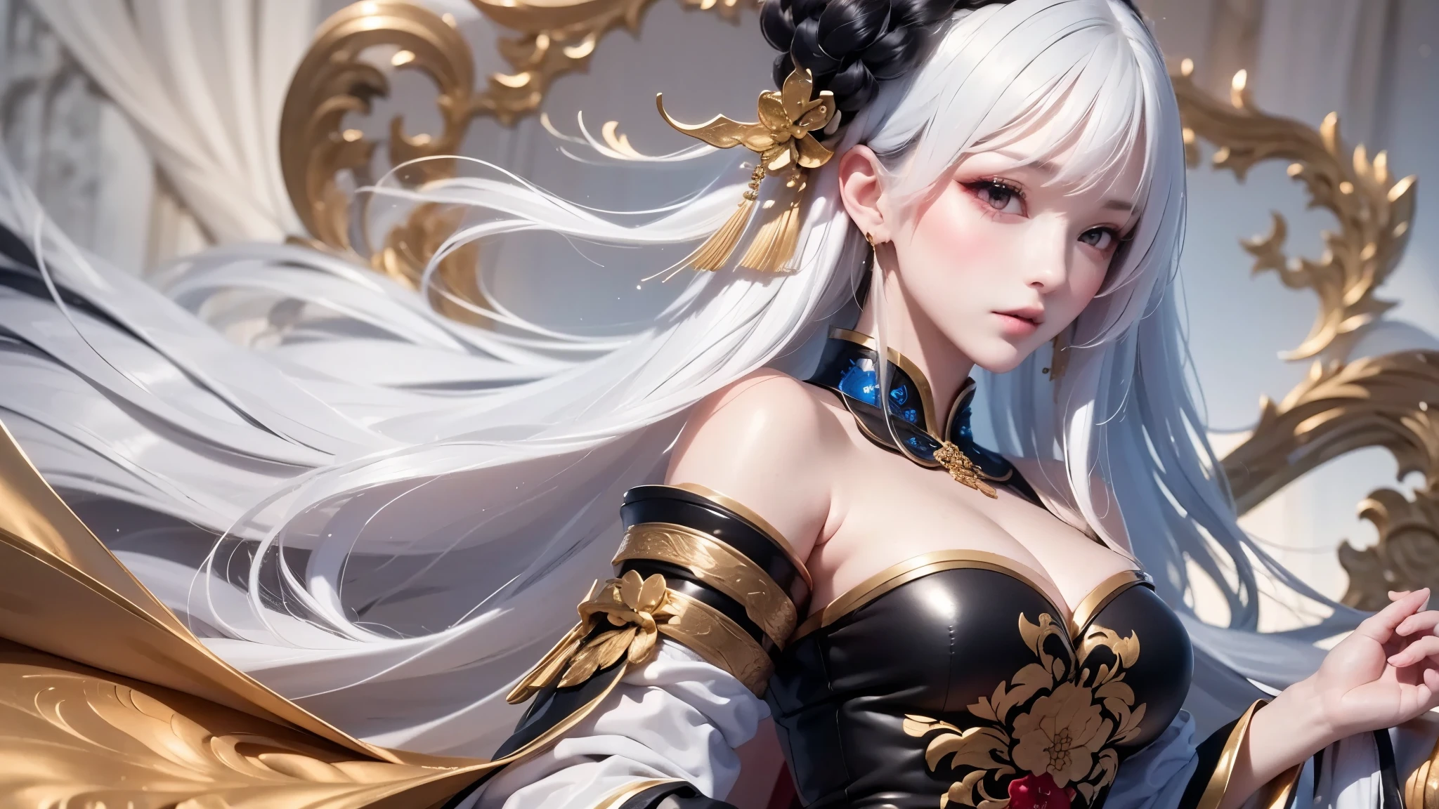 super high quality, masterpiece, Perfect illustration, Very detailed:1.6,　white barance, 1girl, 23 years old, cute girl, white hair, sharp and big beautiful eyes, medium breasts, bright skin. fantasy royalty, onmyoji, majesty, asian dress. black and gold clothes. simple background, white background, white dust. hanbok、Chinese royal clothing, profile
