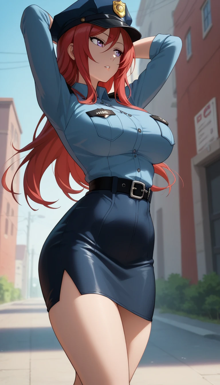 Female, Curvy body shape, Red hair, Bold geometric design, nishikino maki, sexual and bold posture, Outdoors, RUKIA Style,long hair, purple eyes,,seductive face,thin torso, narrow waist, police clothes,short skintight skirt, police cap,long girl, big breasts, parted lips, arms up behind head, looking away, impossible clothes, walking,cel shading