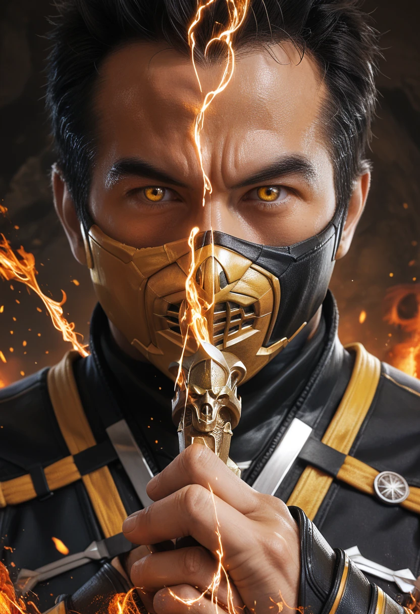 ( best quality )), ((  masterpiece )), (detailed),  man with black hair ,  yellow-eyed, black mask with orange details ,  arms crossed , (Inspirado em um Fire Ninja), (fire powers), (Berserk art style:1.2), retrato em close, Fire Ninja (scorpion mortal kombat:1.1),  Anime Wallpaper HD , ( black clothes with yellow and orange details:1.1),  8k resolution 