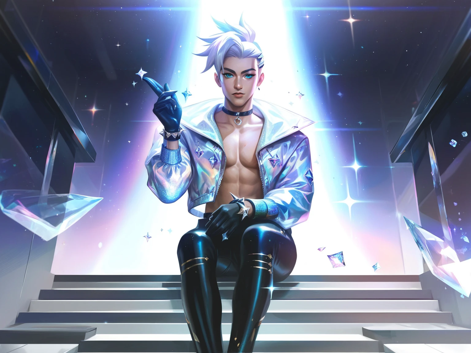 l0lspl4sh, source_anime, score_9, score_8_up, score_7_up, year2024, 1man, West Studio, sixmorevodka, K/DA, kda, KDA man, long white hair, blue shine, glitter, stars, sparkles, topless, front view, sitting on the stairs, black latex gloves, pale skin, short hairstyle, 