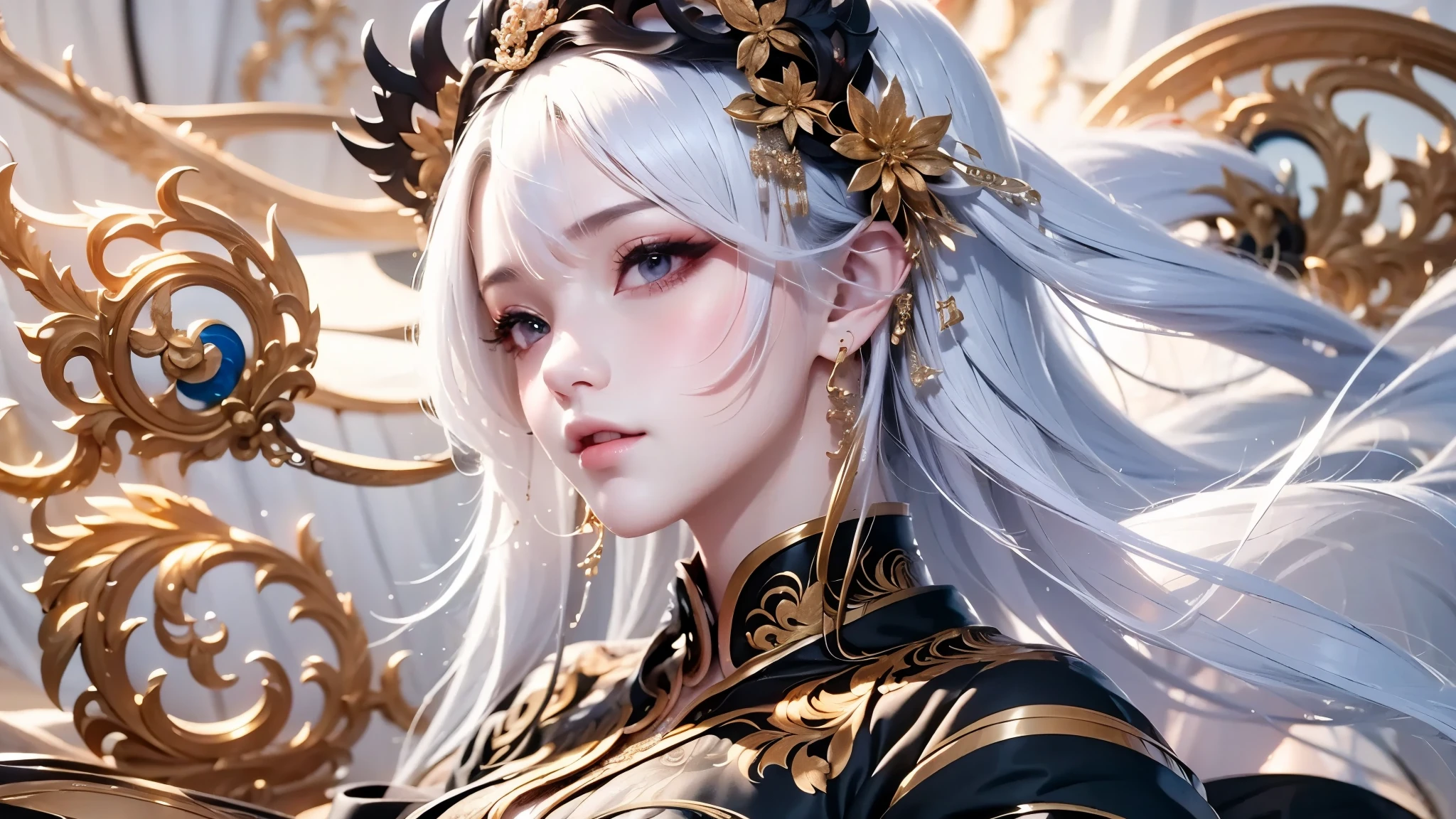 super high quality, masterpiece, Perfect illustration, Very detailed:1.6,　white barance, 1girl, 23 years old, cute girl, white hair, sharp and big beautiful eyes, medium breasts, bright skin. fantasy royalty, onmyoji, majesty, asian dress. black and gold clothes. simple background, white background, white dust. hanbok、Chinese royal clothing, profile
