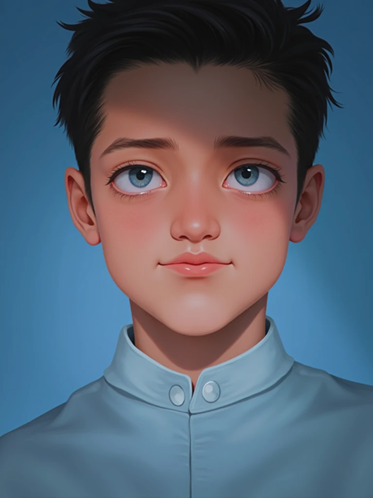 quadratic element,A boy with，Big black eyes，Black color hair，Clean blue tone background，high qulity，--IW 2