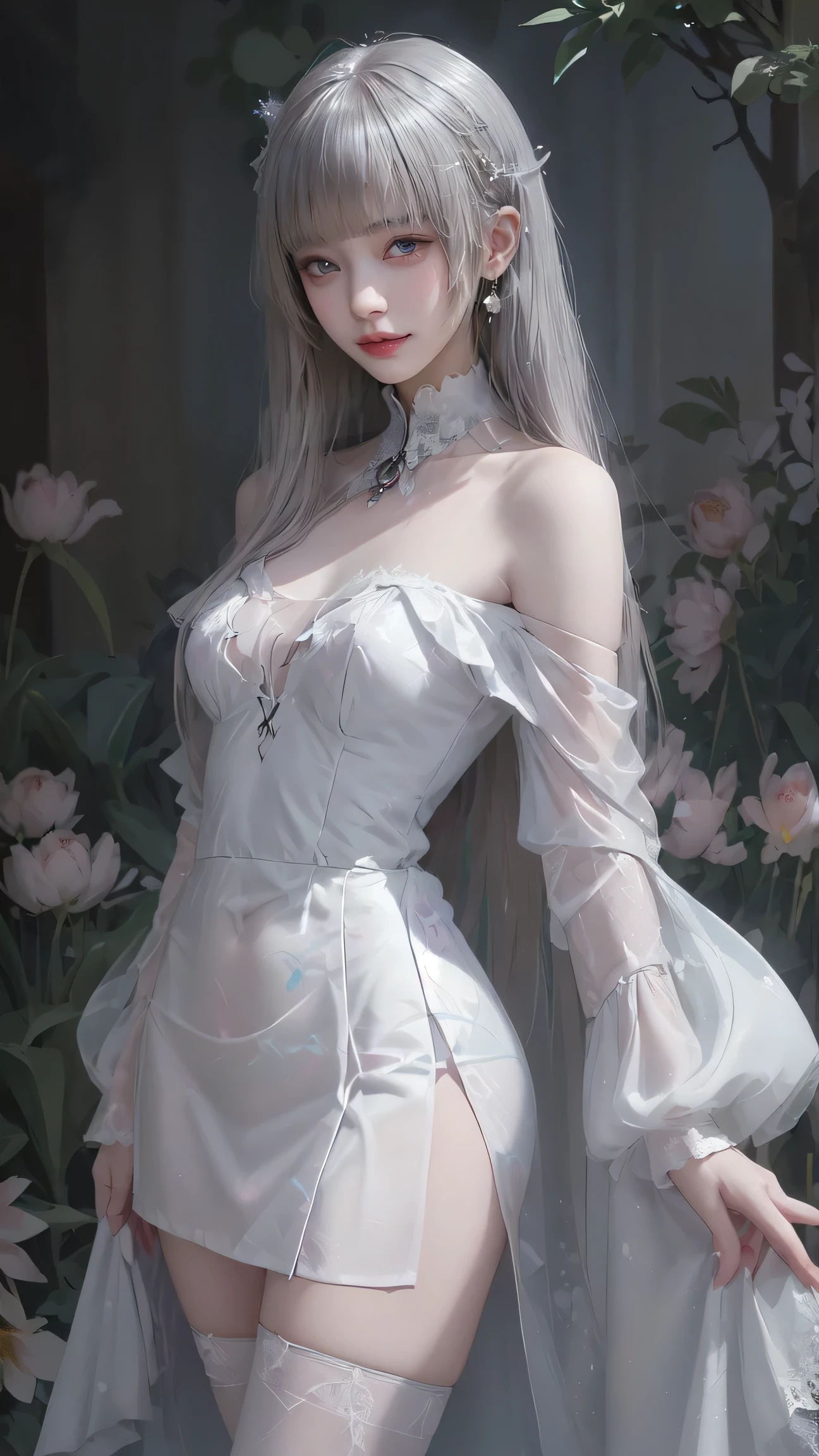 Fluorescent Color、 1 girl、Look to the side、 beautiful face、( beautiful eyes)、((Dark blue eyes)),( translucent off-the-shoulder white dress 、 miniskirt:1.2)、( black lace stockings)、 long legs 、 high heels、 shiny white hair 、Pubic Skin 、Reduced glare emission 、Finger ratio adjustment、dark、butt subjective、 Dynamic Angle 、((Master part)))、((( Ultra-detailed))、(Illustration)、(( very delicate and beautiful ))、Dramatic_ombre、lightning strike_tracing、reflection、 super high resolution、 woman walking around small dots of light around her 、 your silver hair is blown by the wind 、 staring at blooming red tulips glowing around her dark blue eyes々、 silver-haired woman、 dots of light and shining snowflakes 、A woman in a dark place full of shining butterflies、 silver-haired woman、 light spots around a woman 、 Whimsical Charm 、supernatural aura、超 Whimsical Charm silver-haired woman,((erect nipples)),( shining through pink )、