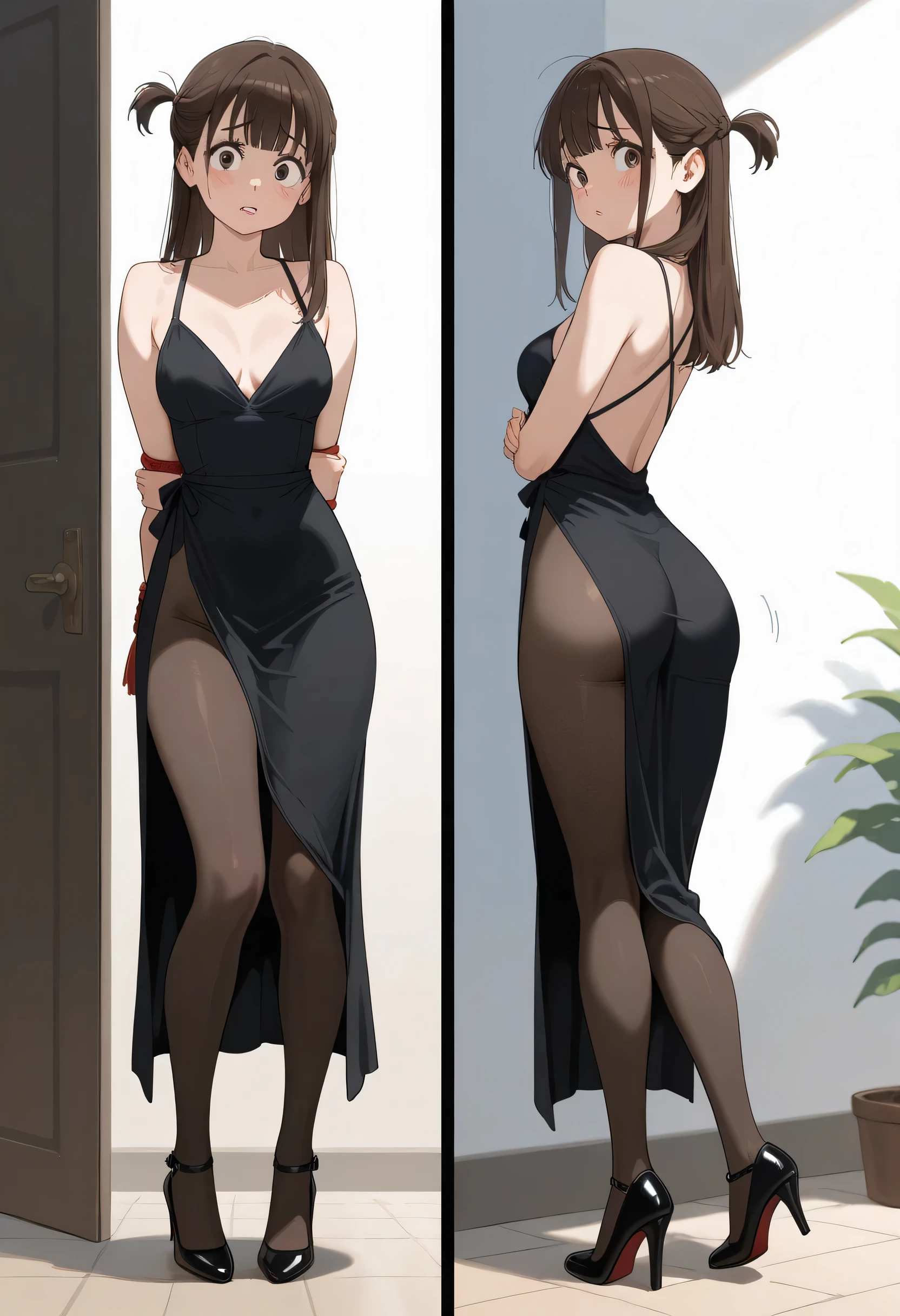 Atsuko Kagari, full body image, sexy black dress,  no panties that shows her ass, she is standing in different poses, her arms tied behind her:1.5, she got a shy scared expression:1.5, she bites her lips, high heels black shoes, long dress:1.5, she look at the viewer, black shiny pantyhose
