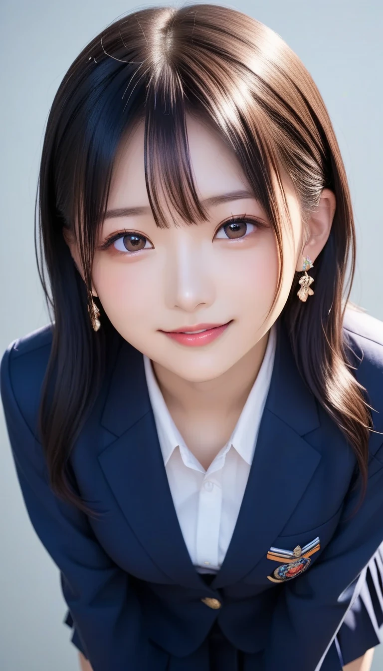 スコア_9, スコア_8_アップ, スコア_7_アップ, sアップer detailed, BREAK A breathtakingly beautiful Japanese woman with long, silky black hair, wearing a modern school uniform with a fitted blazer, short skirt, and tights. She has a radiant smile, stunning facial and eye details, and a confident yet graceful demeanor. She is posing in a classroom setting, leaning forward slightly with her hands placed behind her back, emphasizing her elegant posture. Her figure is curvaceous with a focus on her proportions, and the scene captures her in a dynamic position as she squats or does the splits. The atmosphere includes soft steam or light haze for added depth and realism. Ultra-high-definition, 32K resolution, masterpiece-level detail, Hausmo style.