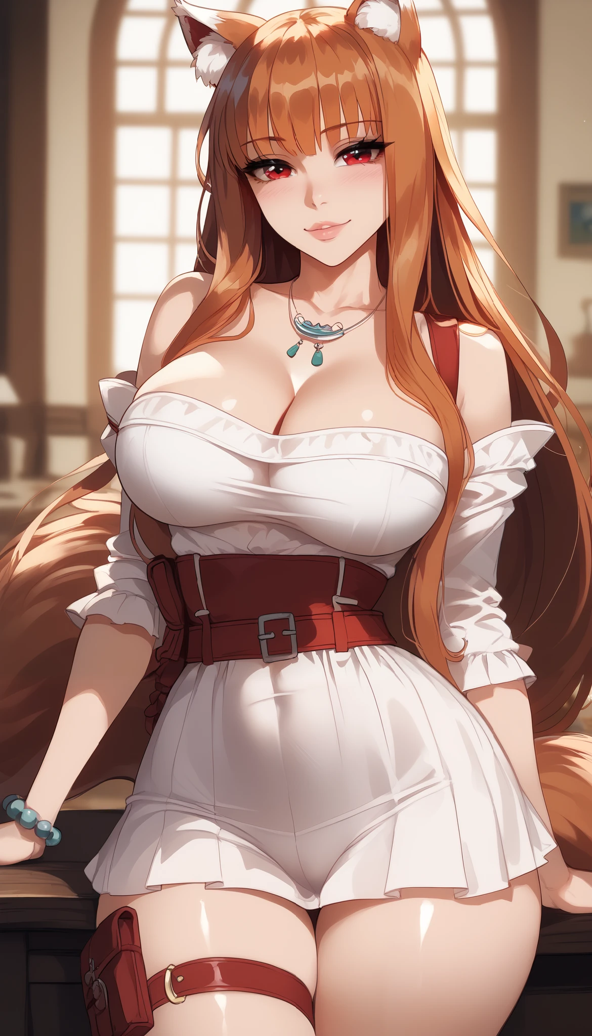  perfect eyes、 perfectly sexy face、 ultra detailed 、ultra perfect eyes、Holo、Spice e Wolf、 shiny hair 、( Big breasts ), showing cleavage、Tight Waist、 thin waist 、 Thigh straps 、pele morena、 shiny skin、Beleza、erotic、series、 looking at the viewer、