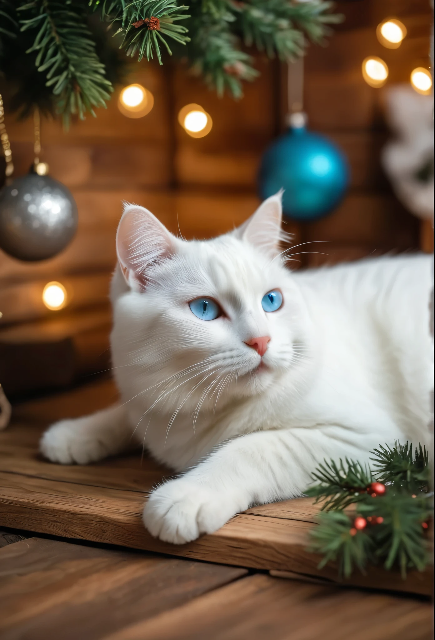 a realistic photo of a white cat lie under a Christmas tree inside a wooden house, light blue eyed cat, cat wear a Christmas hat, Christmas theme, cozy atmosphere, warm lighting, bokeh, diffused light, cinematic, soft focus, depth of field, intricate detail