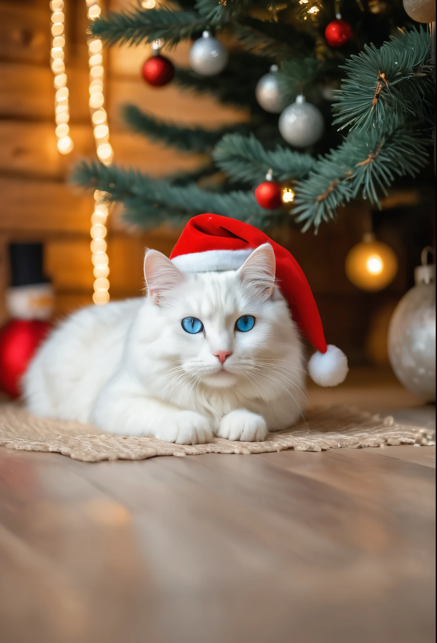 a realistic photo of a white cat lie under a Christmas tree inside a wooden house, light blue eyed cat, cat wear a Christmas hat, Christmas theme, cozy atmosphere, warm lighting, bokeh, diffused light, cinematic, soft focus, depth of field, intricate detail