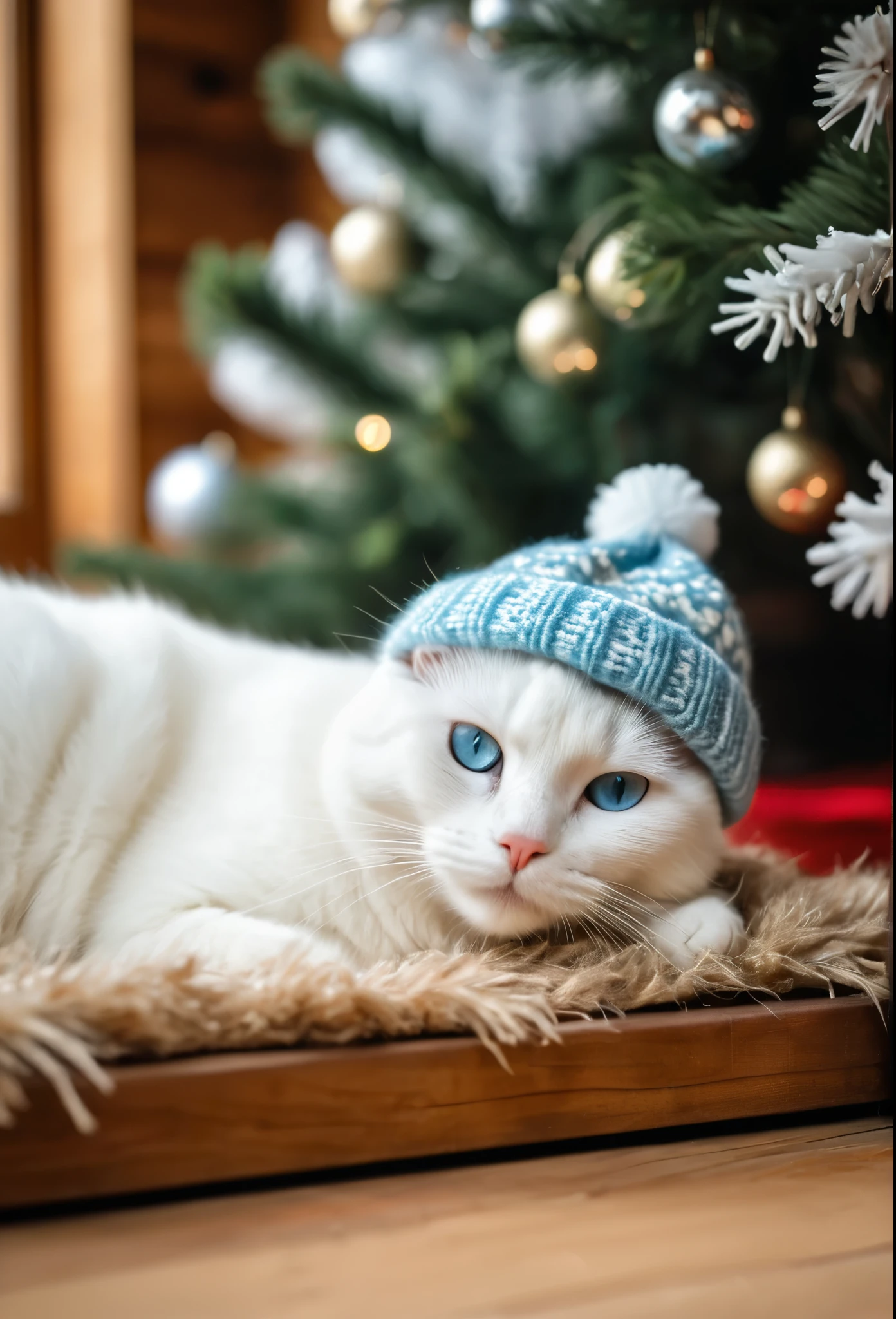 a realistic photo of a white cat lie under a Christmas tree inside a wooden house, light blue eyed cat, cat wear a Christmas wool hat, Christmas theme, cozy atmosphere, warm lighting, bokeh, diffused light, cinematic, soft focus, depth of field, intricate detail