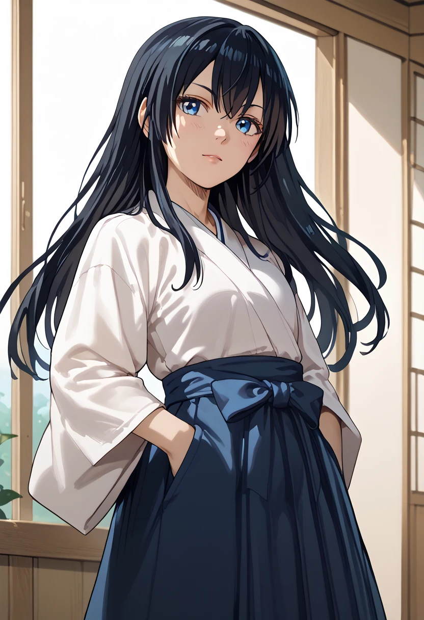 aoi_kunieda, black hair, long hair, blue eyes miko, blue, hakama 