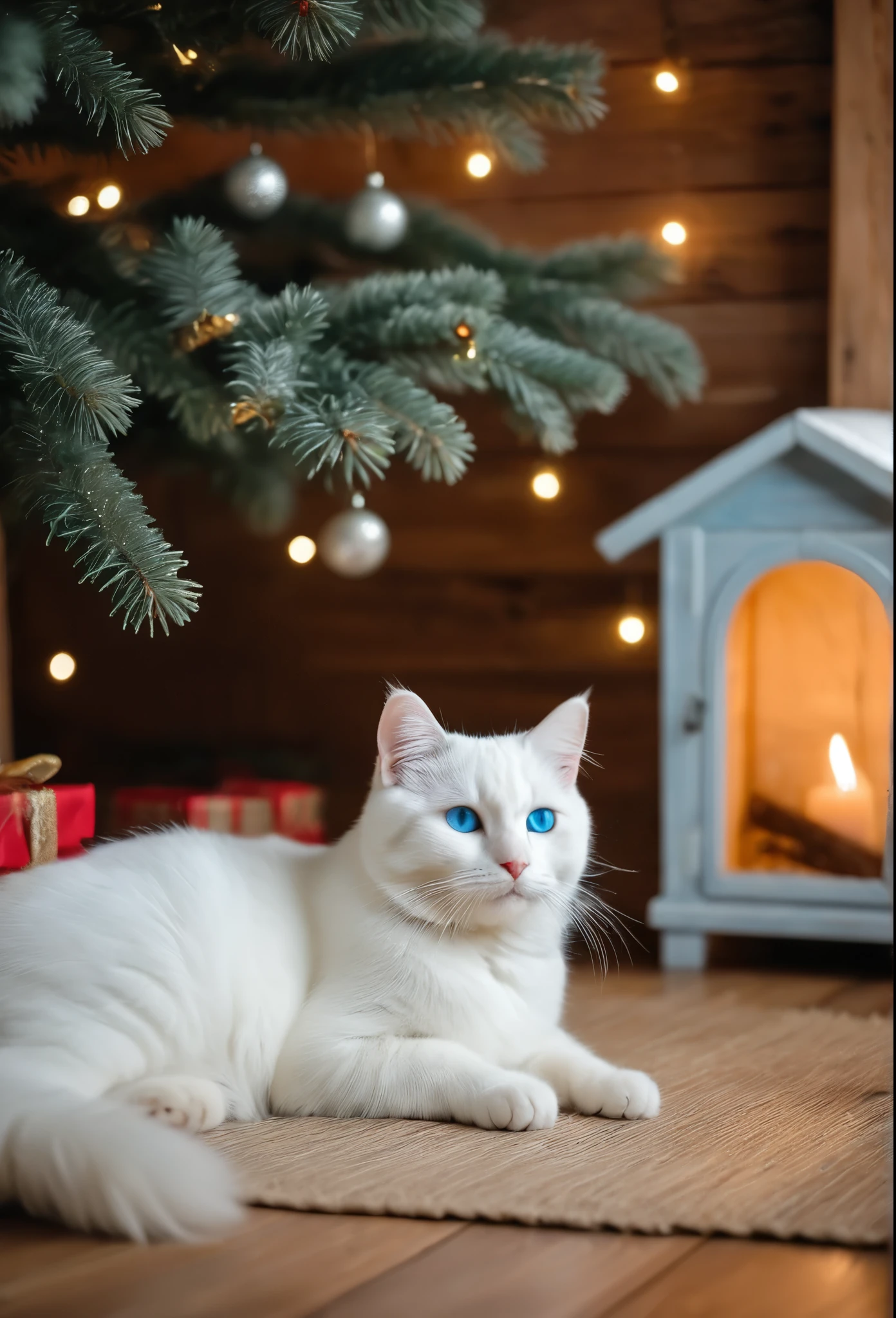 a realistic photo of a white cat lie under a Christmas tree inside a wooden house, light blue eyed cat, cat wear a Christmas wool hat, Christmas theme, cozy atmosphere, warm lighting, bokeh, diffused light, cinematic, soft focus, depth of field, intricate detail