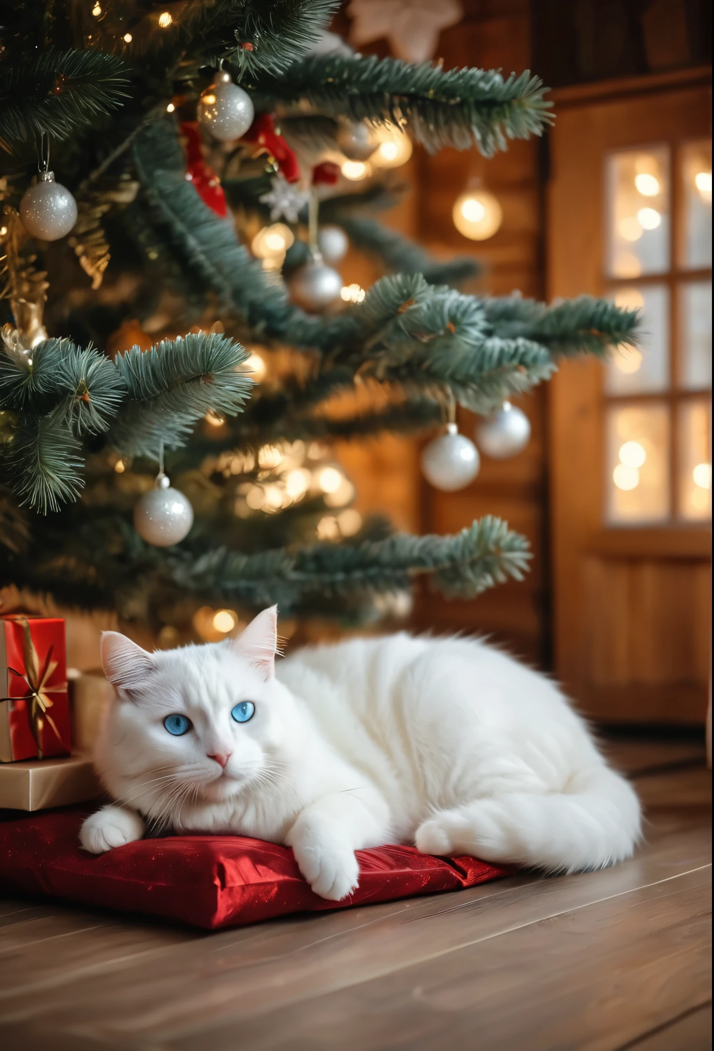 a realistic photo of a white cat lie under a Christmas tree inside a wooden house, light blue eyed cat, cat wear a Christmas hat, Christmas theme, cozy atmosphere, warm lighting, bokeh, diffused light, cinematic, soft focus, depth of field, intricate detail