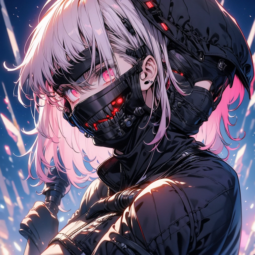  best quality , ( Ultra High Resolution ),  anime style, 1 chico, Alone,  a hair white boy with a black suit on while wearing a mask, shaved hair,  pink hair,  cybernetic mask , covered the mouth,  mechanical eyes,  artificial robot eyes ,  detailed hair ,  male boy ,  high quality image ,  dynamic pose ,  evil smile , Sad face,  robot joints ,  humanoid man ,  intervention unit ,  very complex robot , cyber bodysuit , ( Lighting Cinematograph 