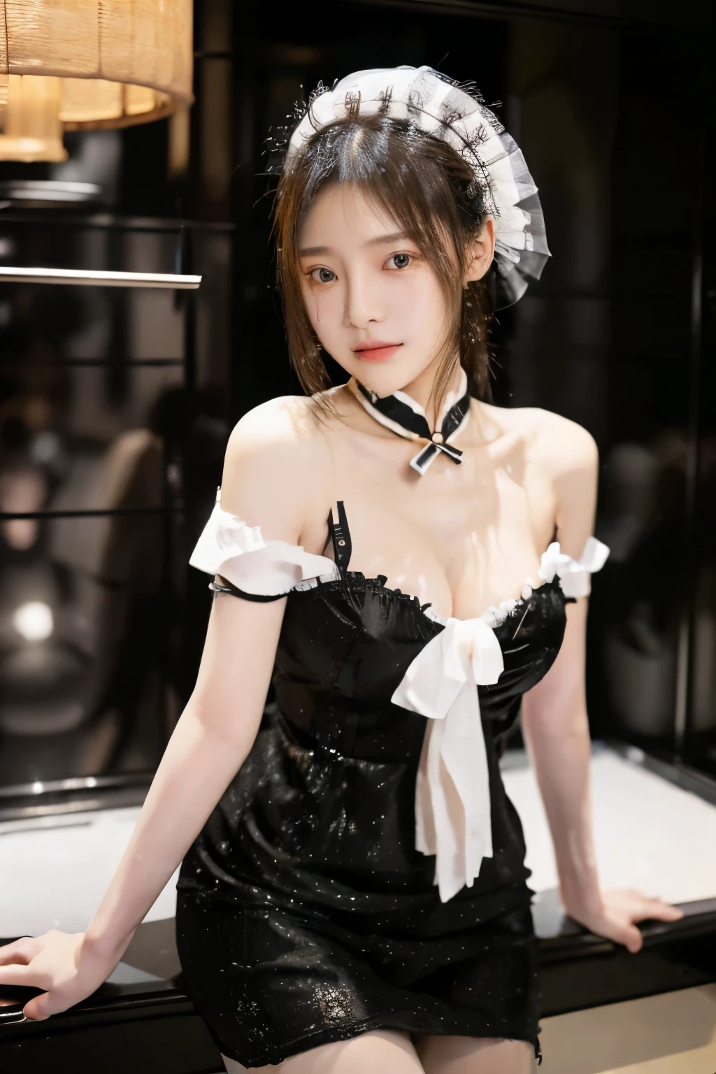 Best Quality, Super High Resolution, (Photorealistic:1.4), 1 Girl, (Complex Maid Outfit:1), Curvaceous, Busty, Black Hair, Looking at Viewer,