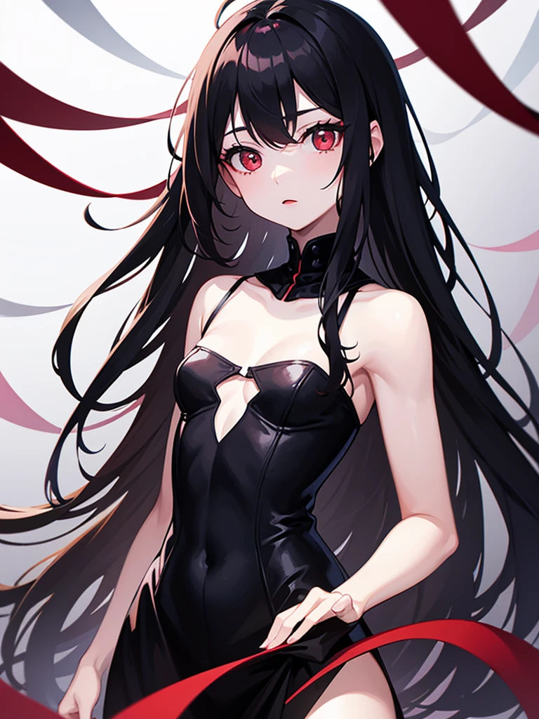 Horror woman, red light eyes, smile, long hair black, dark, she is solo, red lipstick,