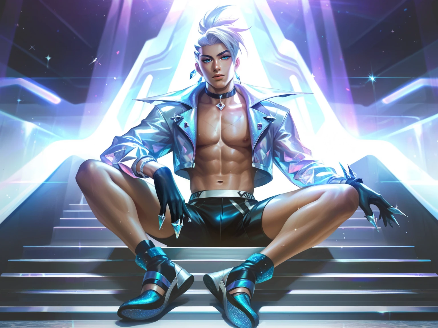 l0lspl4sh, source_anime, score_9, score_8_up, score_7_up, year2024, 1man, West Studio, sixmorevodka, K/DA, kda, KDA man, long white hair, blue shine, glitter, stars, sparkles, topless, front view, sitting on the stairs, black latex gloves, pale skin,  muscular, jockstraps