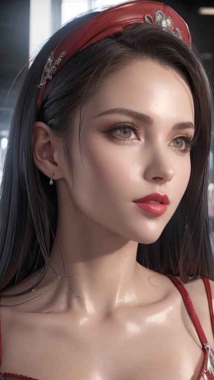 Succubus character, Realistic, Abyss scene, Very beautiful face, Red glowing eyes, Pink long hair, Sexy Body, Large Breasts, Detailed skin, Sensual lighting