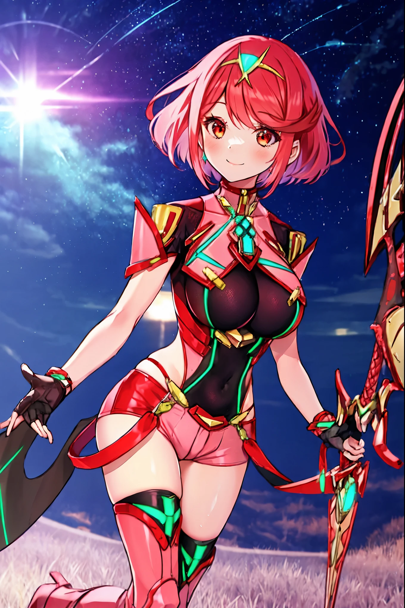 masterpiece, best quality, integrated scenery, integrated background, extremely delicate and beautiful, meticulous details, good composition, , cute face, perfect face, perfect hands, best quality, pyra \(xenoblade\), young_teen_1girl, armor, bangs, black gloves, red eyes, closed mouth, earrings, eyelashes, fingerless gloves, framed breasts, gem, gloves, hair ornament, headpiece, jewelry, large_breasts, leotard, neon_trim, red hair, red shorts, ,short hair, short shorts, short sleeves, shorts, sidelocks, skin tight, solo, swept bangs, thighhighs, tiara, night_town_background, turtleneck, underbust, vambraces, apart_legs,light_smile, (plump:0.5),large_sword, hold_large_sword_hilt, solo, (covered_nipples:0.6), (covered_pussy:0.7),boots