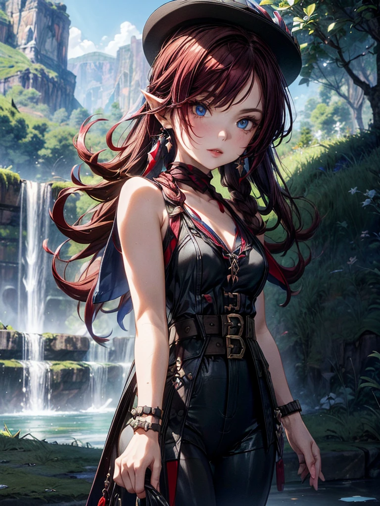 A tall woman in realistic portrait of high quality and detail, full-length photo, european, Chasca (Genshin Impact), Dark red hair reaching to the middle of the back, and bright blue eyes. The bangs have a purple tint at the tips and completely cover the left eye. If you look closely, you will notice a small pigtail on the right side of the head. a short sleeveless top with a cutout at the bottom, black leggings of different lengths, high-heeled boots and a red scarf around the neck. Her image is completed by a brown belt with a massive buckle, a hat with feathers, a gold earring in her right ear and fingerless gloves, pointed ears. 2000's movie style, fantasy, summer atmosphere, happy look, glow, eye shadow, 1girl, Depth & Perspective, fine face, She stands on the stone, outdoors, rainforest on background, evening time, looking at viewer, (ultra-high detail:1.2), Masterpiece, Best Quality, Ultra-detailed, Cinematic lighting, 8K, delicate features, cinematic, 35 mm lens, f/1.9, highlight lighting, global lighting –uplight –v 4, cinematic, Cinematic lighting, 8K, high quality, Highest Quality, (Solo Focus), (extremly intricate:1.3), (Realistic), masterful, Analog style, (Film grain:1.5), (cold tone),