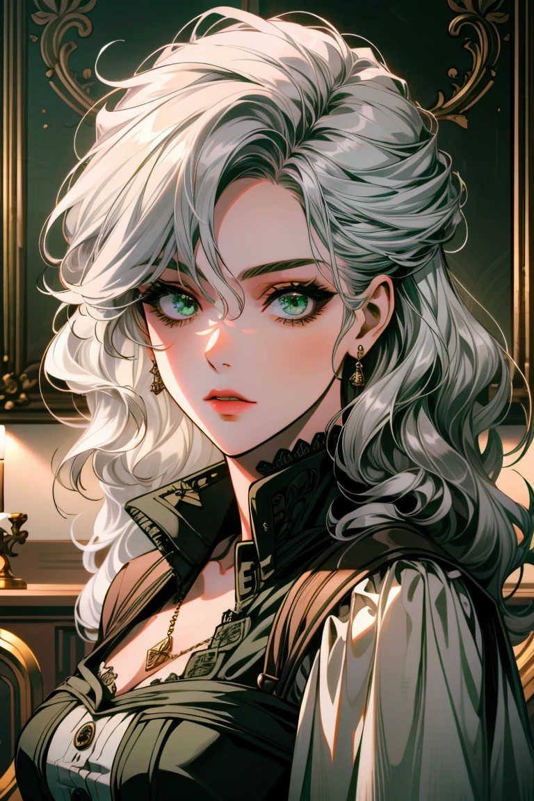 older woman, detailed background, every detail is rendered in superb detail, perfect composition, masterpiece, best quality, 8k, ultra-detailed, anime, correct anatomy, silver white hair, wavy hair, green eyes, modern dress, deatiled face, correct eye anatomy