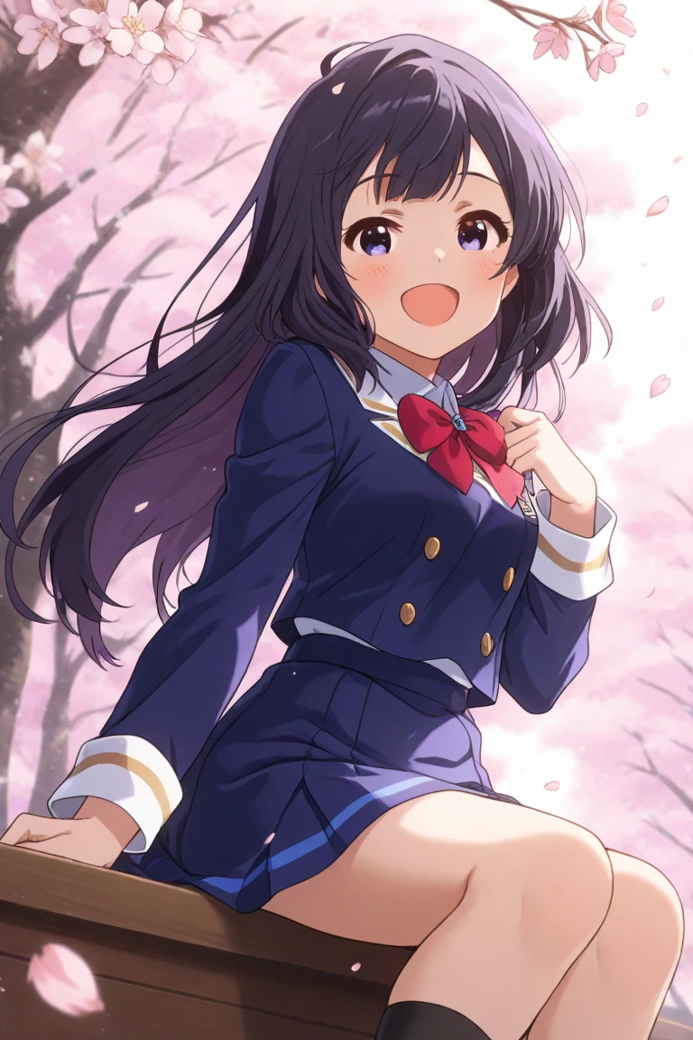  Masterpiece　 top quality　　Racing bloomer with beautiful front legs 　Beautiful upper body　Beautiful lower body　 well-balanced body 　Two perfect legs　 Perfect Five Fingers Kumiko Omae　happy, smile　smile, open mouth　The wind is dancing　Clothes Shake 　 school uniform　Cherry blossoms falling　School　highly detailed face　 Extremely Detailed Eyes　