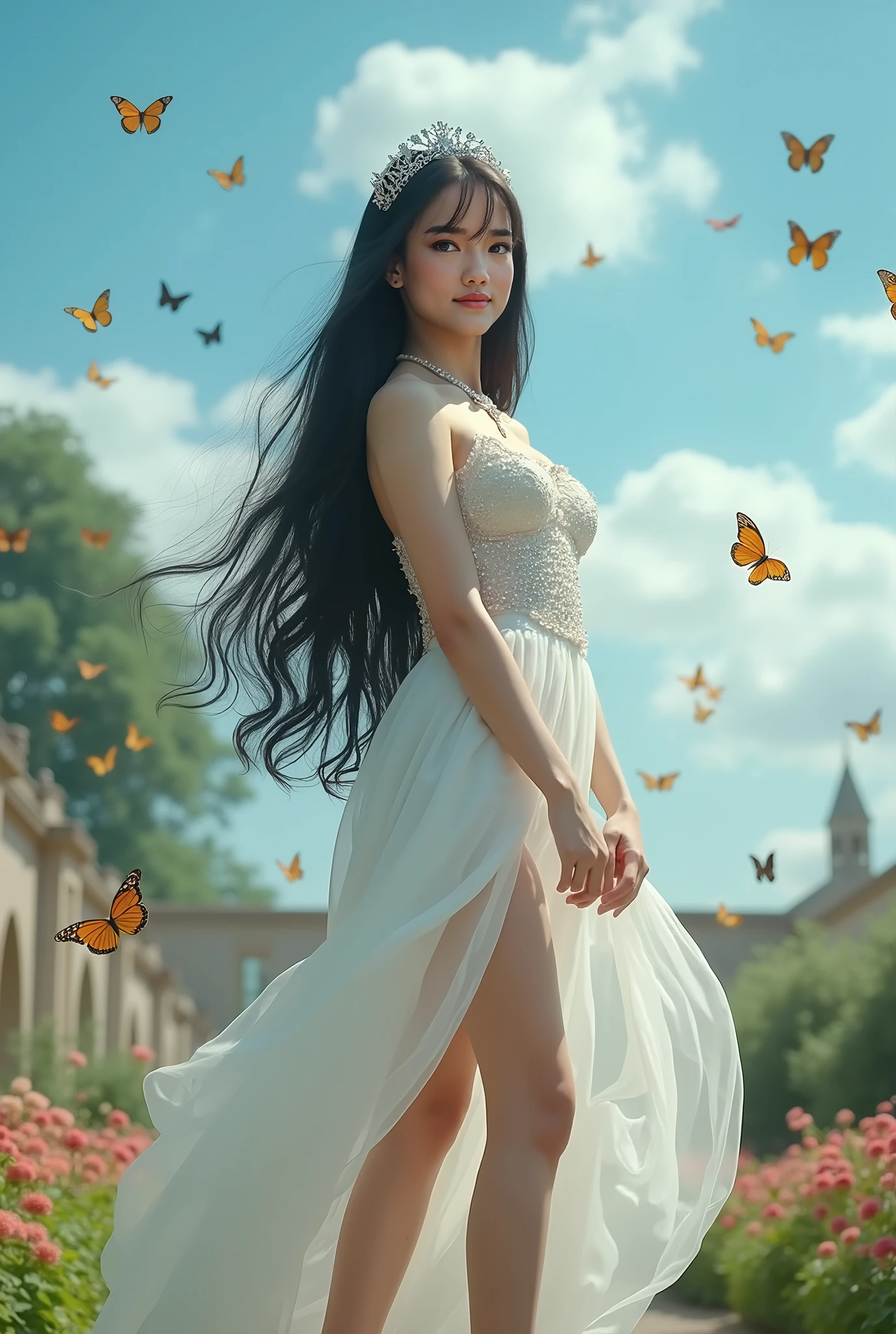 Paint a sky where flocks of yellow butterflies dance among the clouds, their delicate wings adding a touch of grace and elegance to the scene.